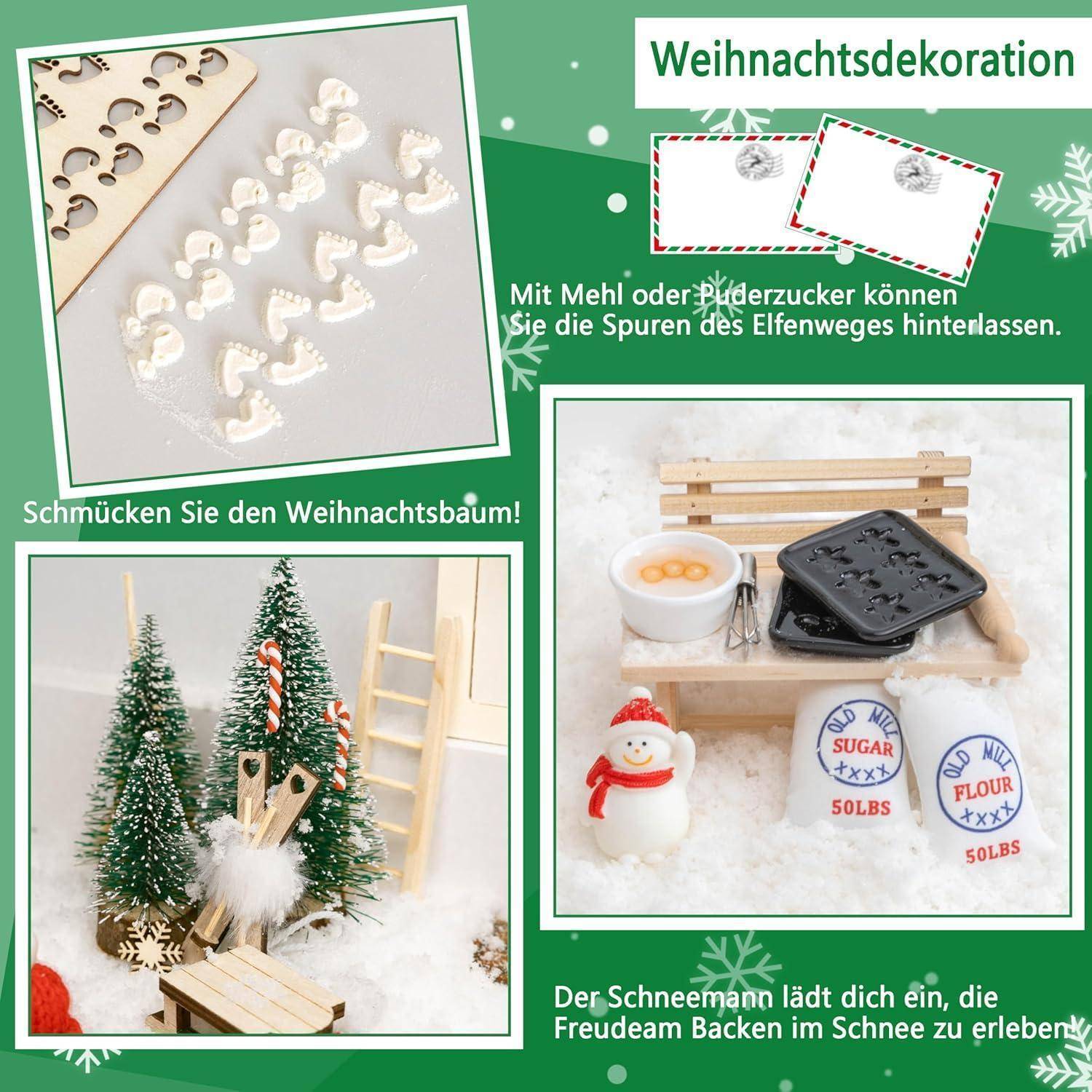 Eine Collage mit Weihnachtsdekoration: Ausstechförmchen, eine verschneite Außenszene mit einem für das Backen gedeckten Tisch und einem kleinen Weihnachtsbaum mit Schmuck. Der deutsche Text beschreibt das Backthema und die Dekorationen.