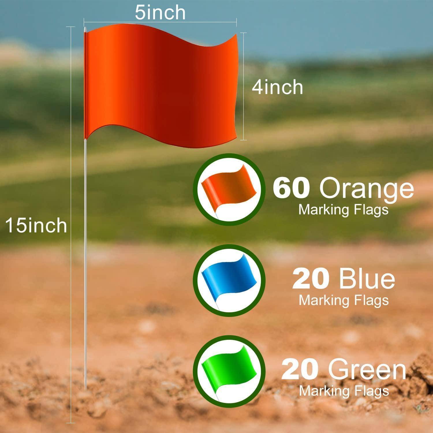 Orangefarbene Markierungsfahnen sind 5x4 Zoll groß und in einer Menge von 60 Stück vorhanden. Blaue und grüne Fahnen gibt es jeweils 20 Stück. Alle Pflöcke sind 15 Zoll hoch.