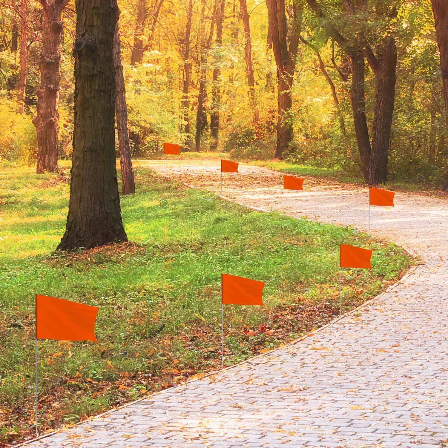 Ein gewundener Weg in einem Park, gesäumt von kleinen orangefarbenen Flaggen, umgeben von Bäumen mit herbstlichem Laub. Ein heller, sonniger Tag mit verstreuten Schatten.