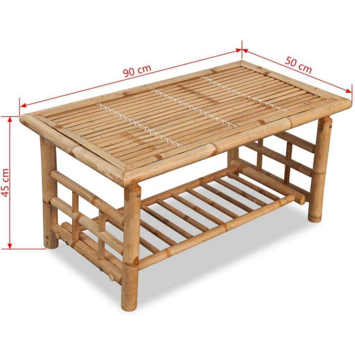 Ein rechteckiger Bambus-Couchtisch mit den folgenden Maßen: 90 cm breit, 50 cm tief und 45 cm hoch. Er verfügt über ein unteres Ablagefach zur Aufbewahrung.