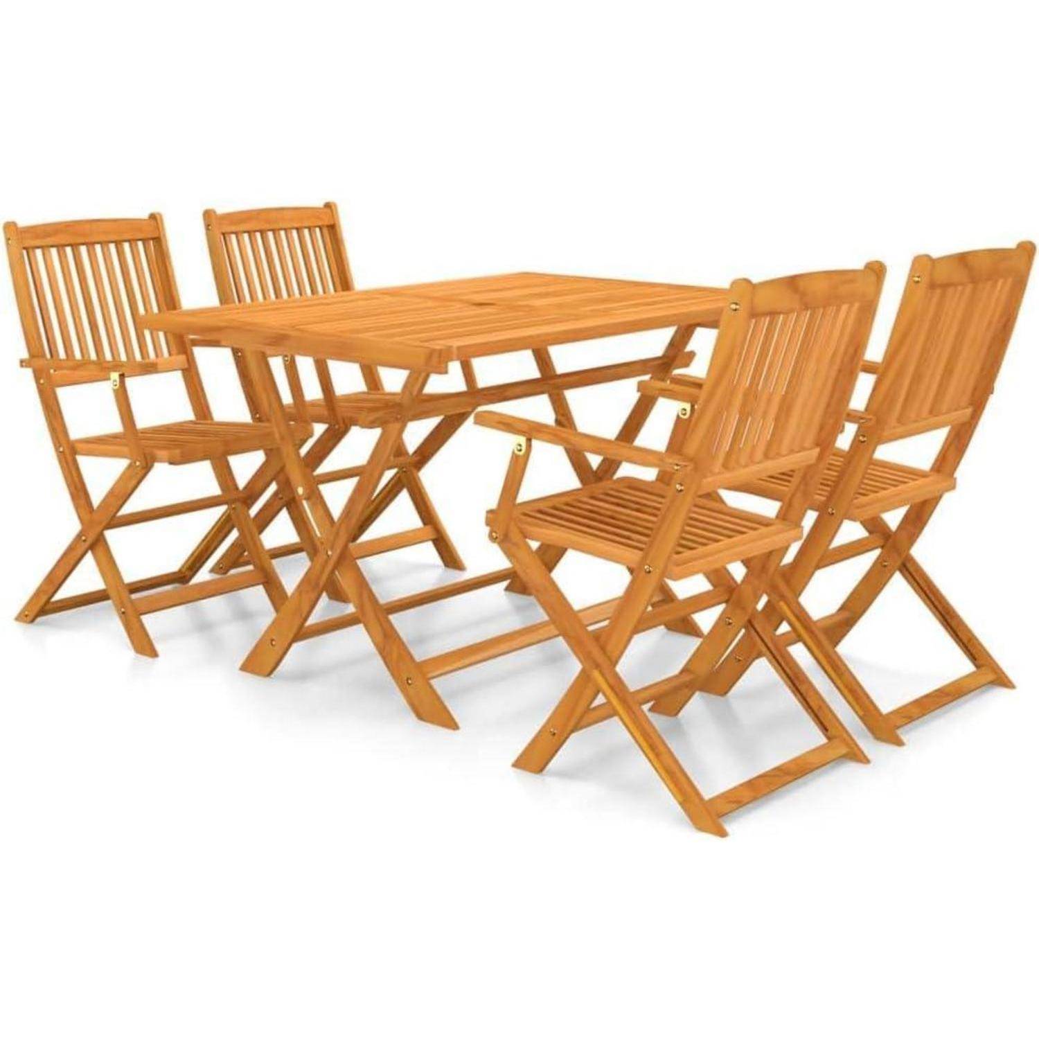Ein Holz-Essgarnitur mit einem rechteckigen Tisch und vier zusammenklappbaren Stühlen, alle aus hellem Holz gefertigt, im Freien aufgestellt.
