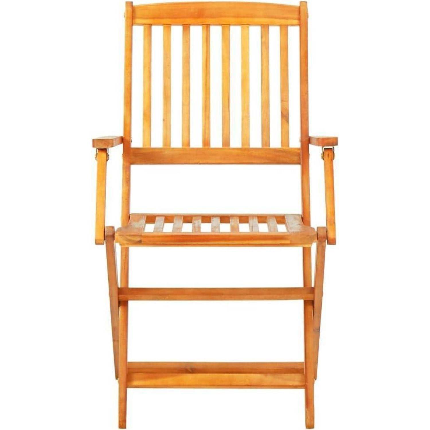 Ein Holzklappstuhl mit einer lamellierter Rückenlehne und Sitzfläche, ausgestattet mit Armlehnen und einer natürlichen Oberfläche. Geeignet für den Einsatz im Innen- und Außenbereich.