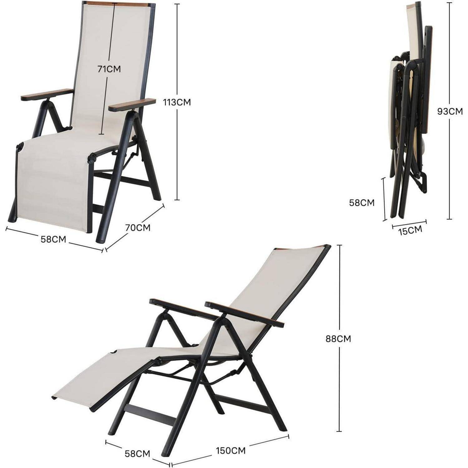 Klappbarer Strandsessel mit verstellbarer Rückenlehne und Fußstütze. Maße: 113 cm Höhe, 70 cm Breite, 150 cm Länge bei voller Ausdehnung, zusammengefaltet 93 cm Höhe, 15 cm Breite.