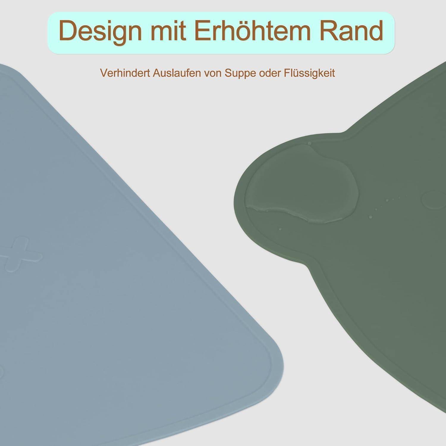 Design mit erhöhtem Rand' - Textmarkierungsfunktion zum Verhindern von Suppen- oder Flüssigkeitsverschüttungen, mit zwei Platzdeckchen in unterschiedlichen Farben dargestellt.