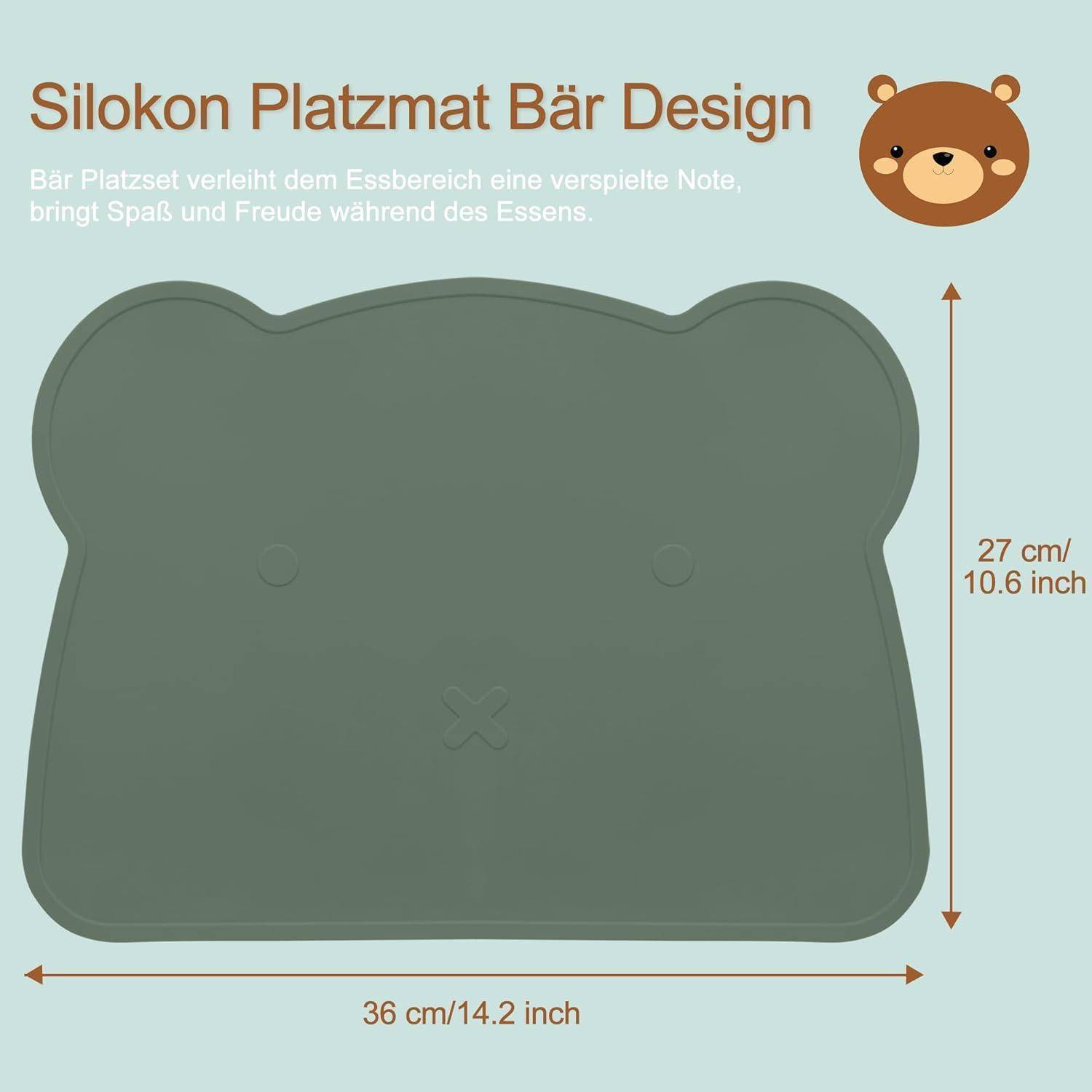 Bärchenförmige Silikon-Platzunterlage für Kinder, in Dunkelgrün, mit Maßen: 36 cm breit und 27 cm hoch. Beschriftung auf Deutsch.