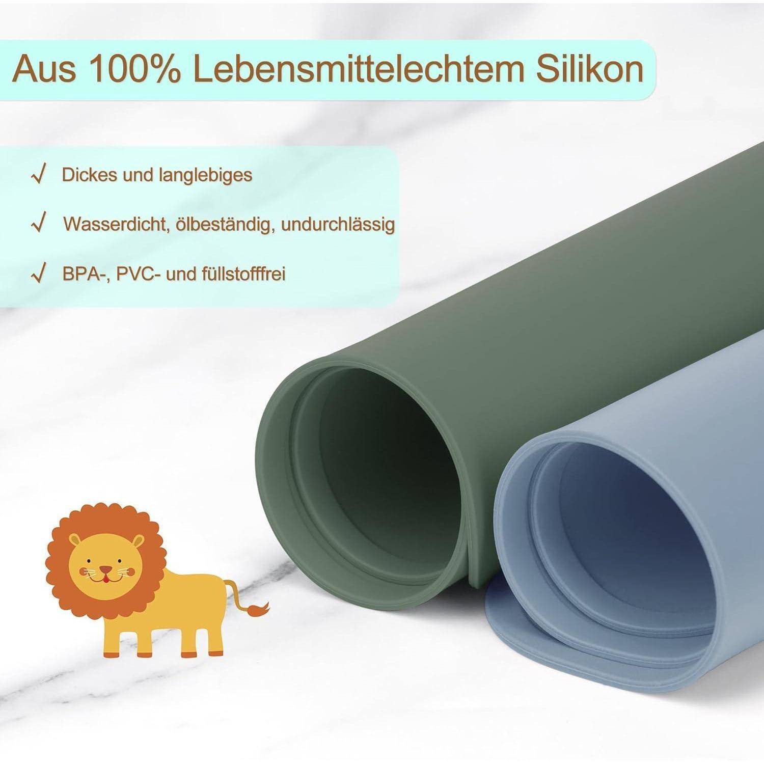Zwei Silikonmatten in Grün und Blau werden präsentiert, gekennzeichnet als 100% lebensmittelechtes Silikon, langlebig, wasserdicht, frei von BPA und PVC.