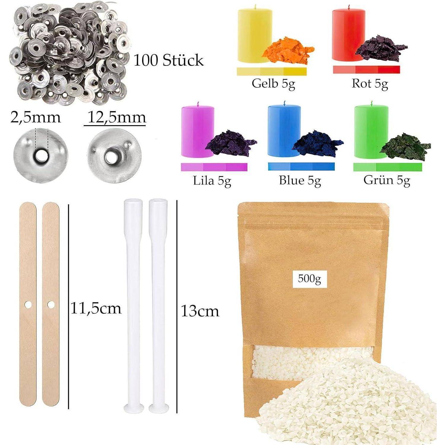 DIY-Kerzengießset enthält 100 Dochte, 5 Farbpigmente (gelb, rot, lila, blau, grün), Dochthalter, Stäbe und 500g Sojawachs.