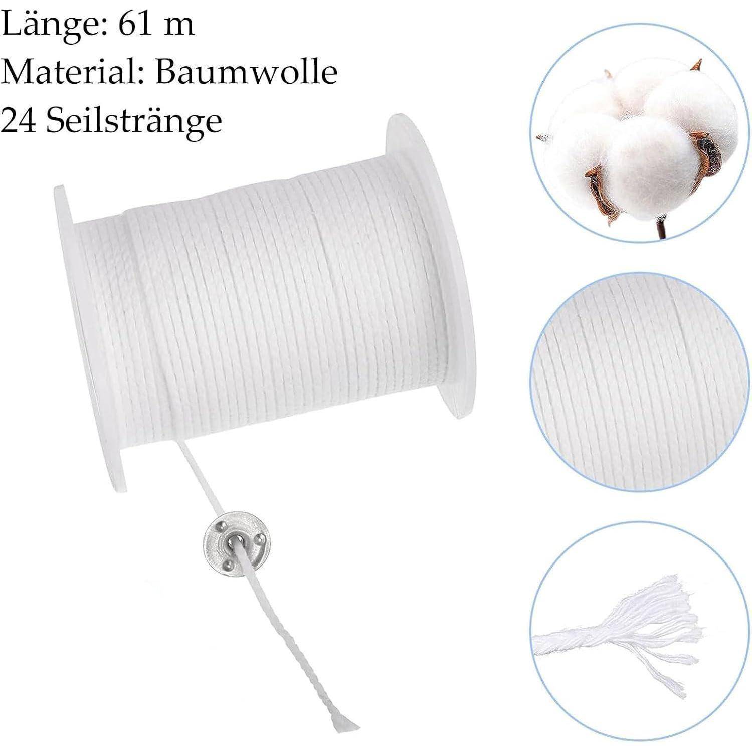 Eine weiße Rolle Baumwollseil, 61 Meter lang, 24 Stränge. Detailaufnahmen zeigen Baumwollfasern und die Textur des geflochtenen Seils.