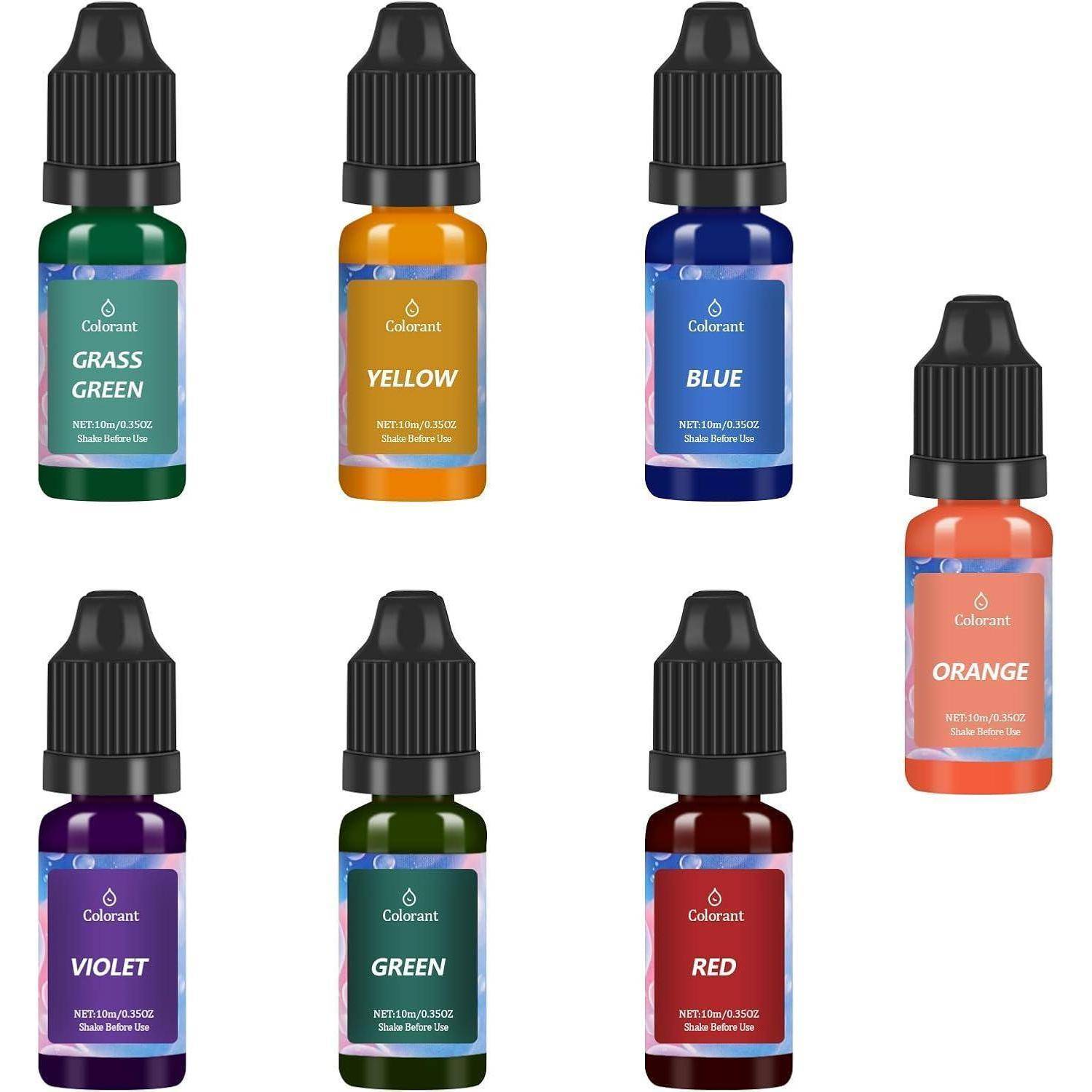 Sieben kleine Fläschchen mit Lebensmittelfarbe in verschiedenen Farben: grasgrün, gelb, blau, orange, violett, grün und rot, jeweils mit Tropferspitzen.