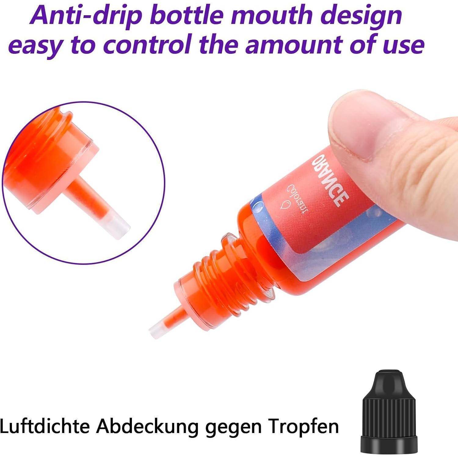 Eine Hand drückt eine orangefarbene Flasche mit Anti-Tropf-Design und lässt eine kleine Menge Flüssigkeit austreten. Der Text lautet: „Einfach zu kontrollierende Nutzungsmenge.