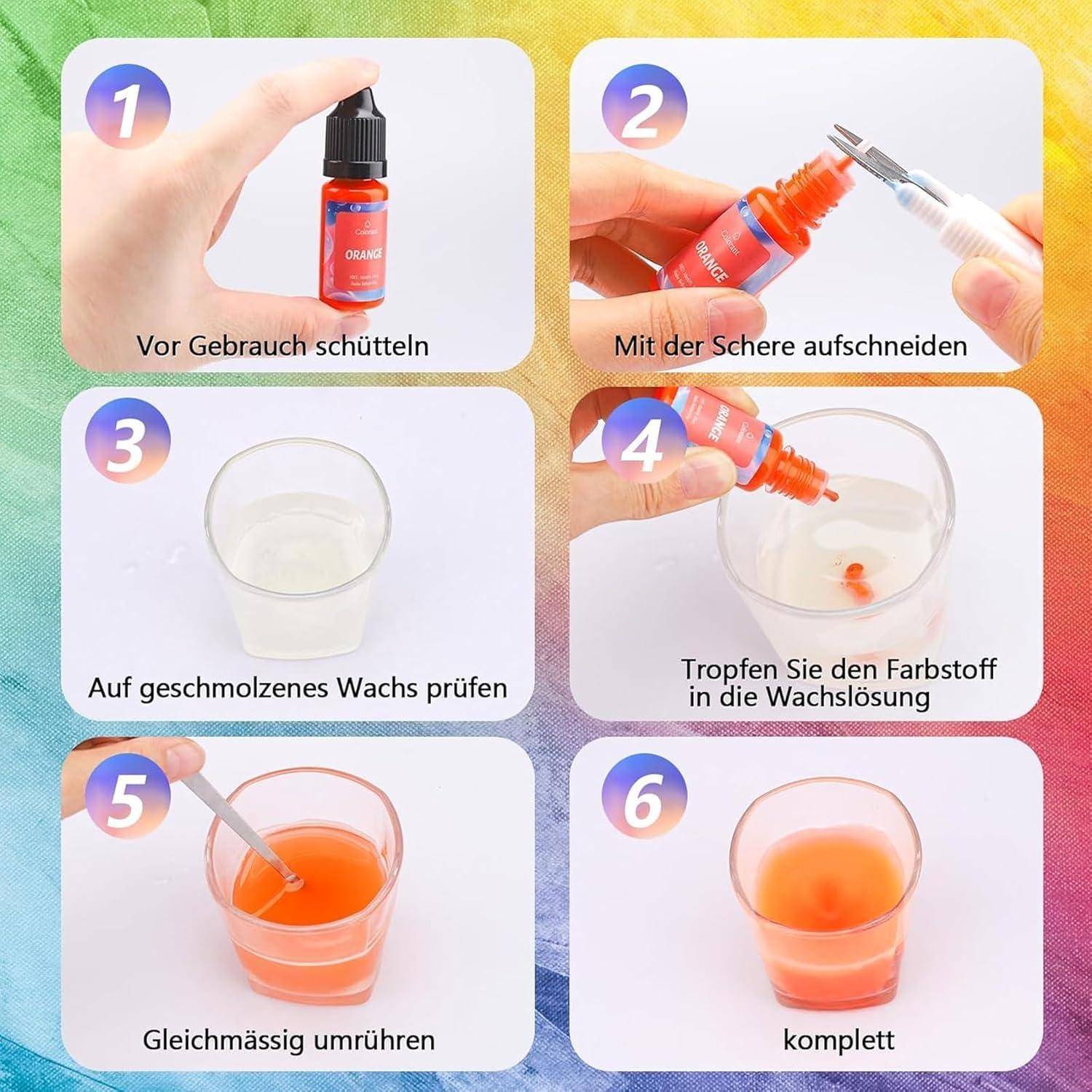 Schritt-für-Schritt-Anleitung zum Färben von Wachs: 1. Flasche schütteln. 2. Mit Schere öffnen. 3. In geschmolzenem Wachs testen. 4. Farbstoff zur Lösung hinzufügen. 5. Gleichmäßig rühren. 6. Fertig.