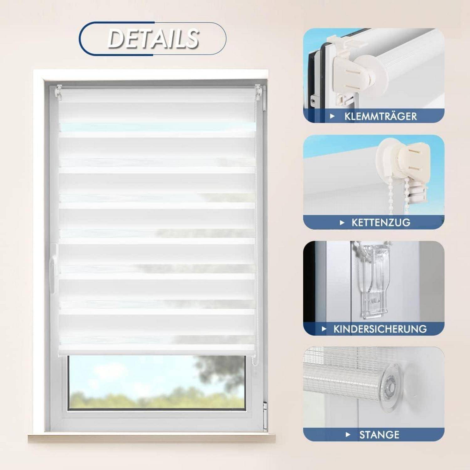 Ein Fenster mit horizontalen Jalousien. Einblendungen zeigen Details: eine Halterung, Kettenmechanismus, Kindersicherung und Stab. Text oben links lautet „Details