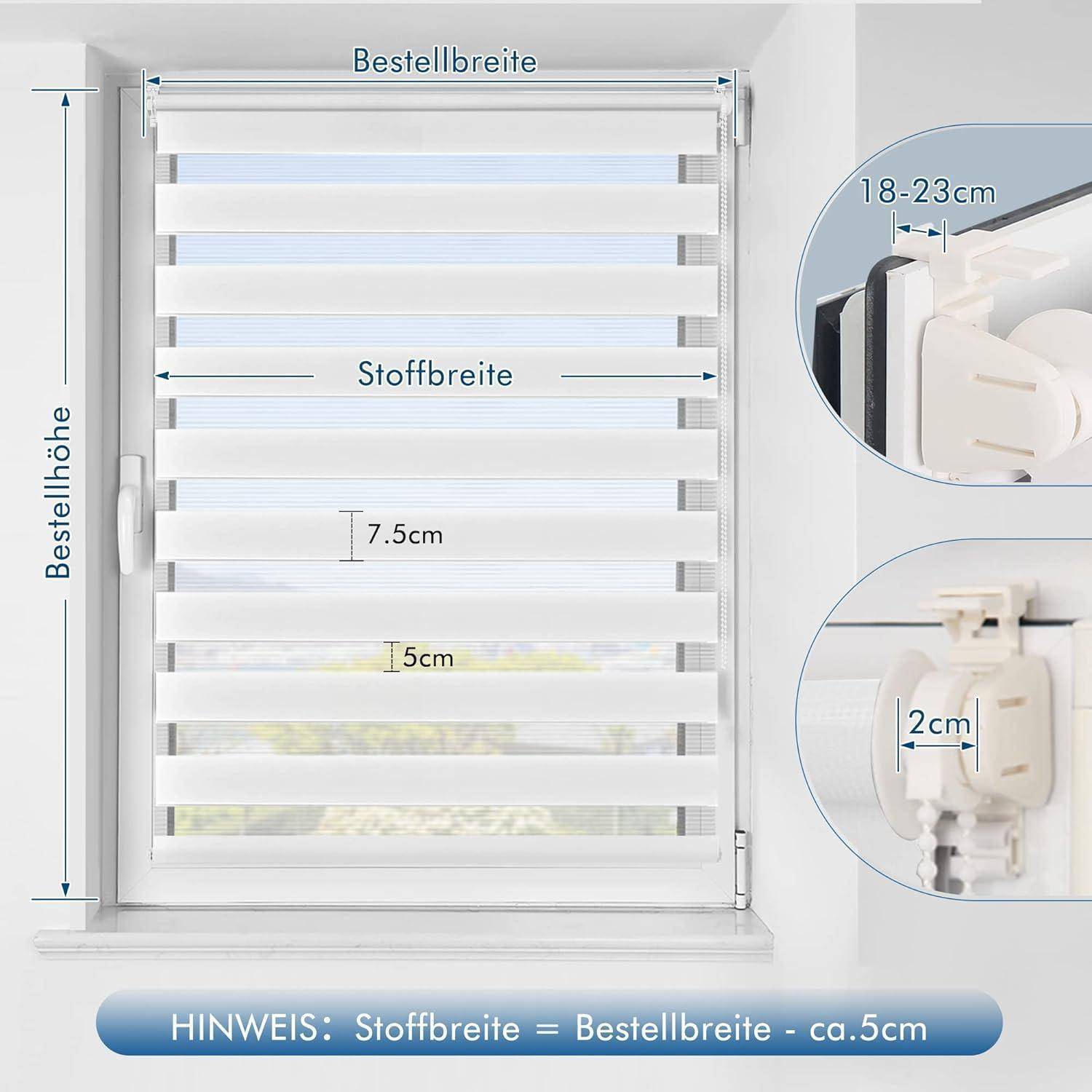 Ein Fenster mit Doppelrollo, das 'Bestellbreite' und 'Stoffbreite' anzeigt. Nahaufnahme hebt Maße hervor: 18-23 cm, 2 cm Tiefe.