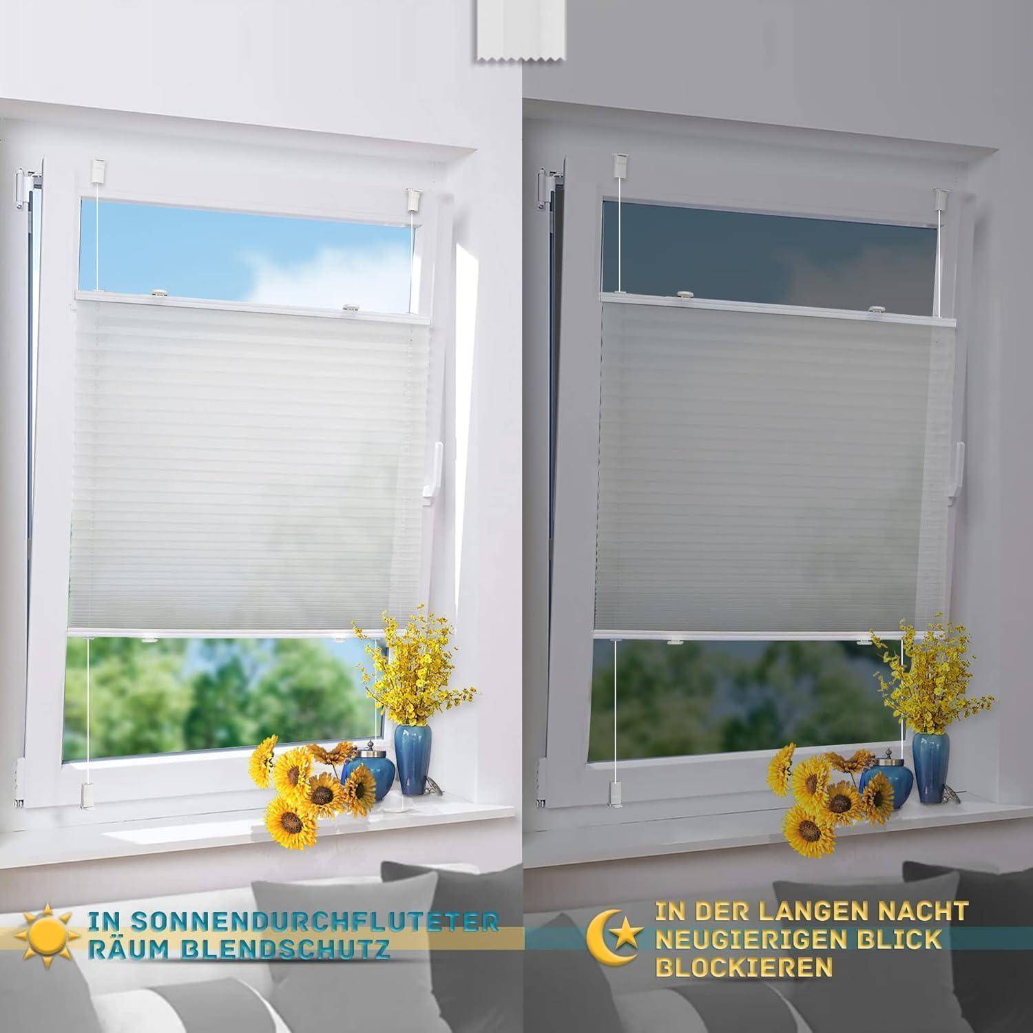 Ein Fenster mit Jalousien: Die linke Seite zeigt Sonnenlicht, das durch einen Vorhang fällt, mit Blumen auf der Fensterbank; die rechte Seite zeigt geschlossene Jalousien, die die Aussicht verdecken.
