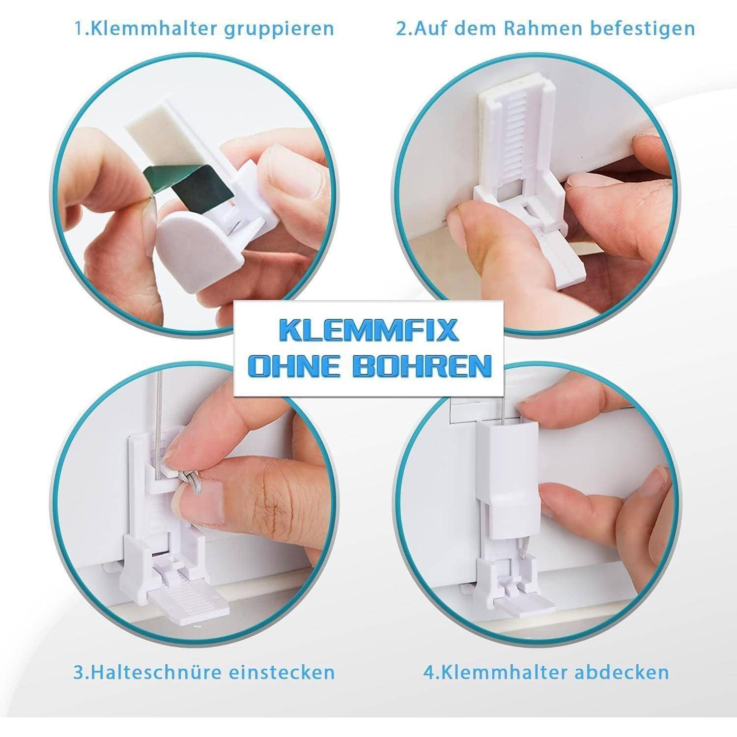 Klemmfix ohne Bohren' zeigt schrittweise Installation: 1. Halterungen gruppieren. 2. An Rahmen anbringen. 3. Sicherungsseil einführen. 4. Halterungen abdecken.