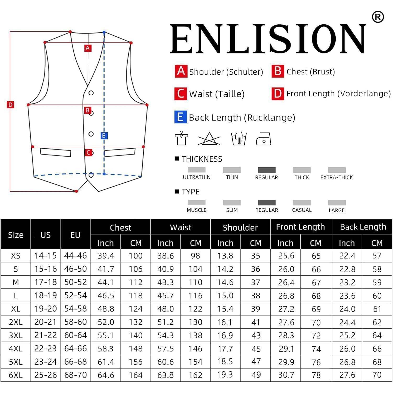 ENLISION' Größentabelle für Westen, zeigt Schulter-, Brust-, Taille-, Vorder- und Rückenlängen-Maße in Zoll für verschiedene Größen (XS-6XL).