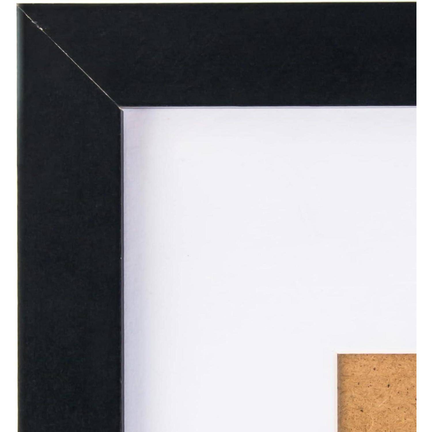 Ein Nahaufnahme einer Bilderrahmenecke in Schwarz, die die Struktur und Materialdetails zeigt.