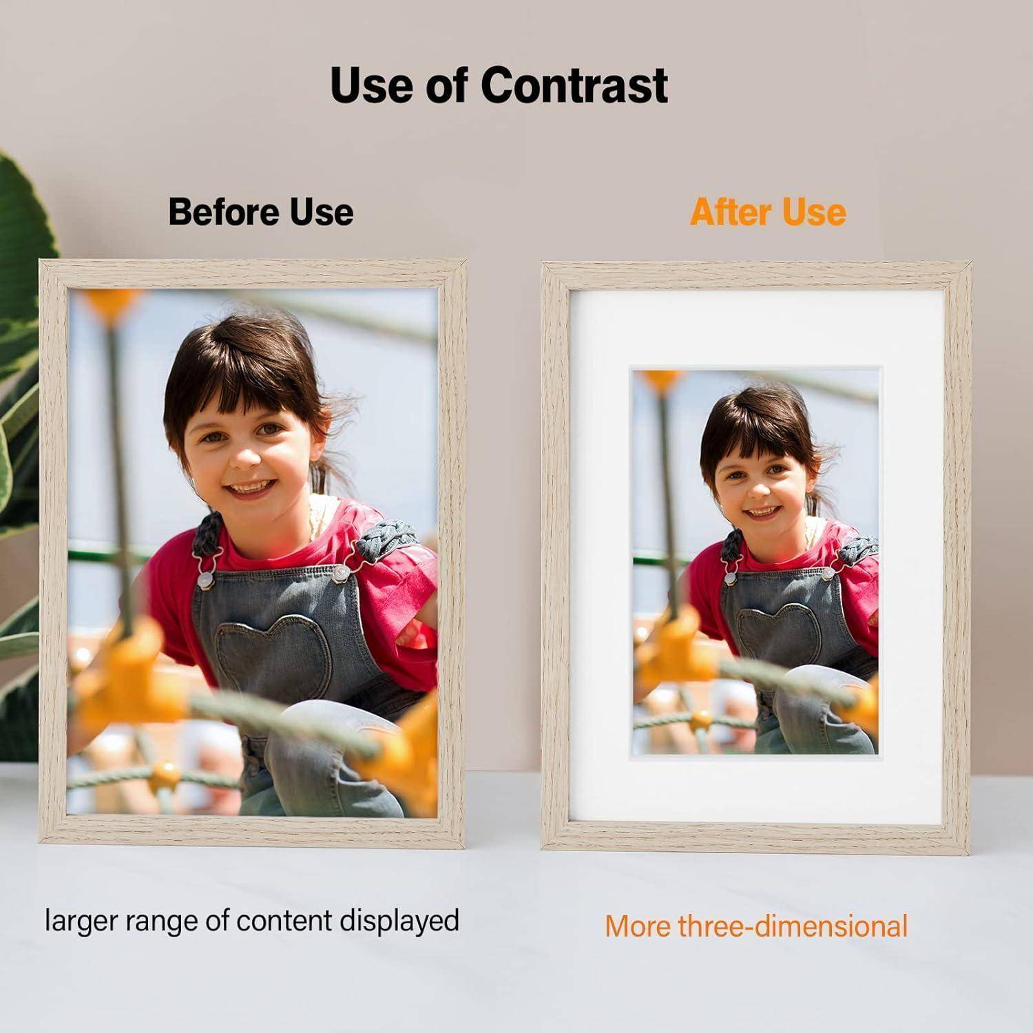Die 'Verwendung von Kontrast' zeigt zwei gerahmte Fotos mit den Beschriftungen 'Vor der Verwendung' und 'Nach der Verwendung'. Das Foto vor der Verwendung präsentiert eine breitere Ansicht, während das Foto nach der Verwendung dreidimensionaler wirkt.