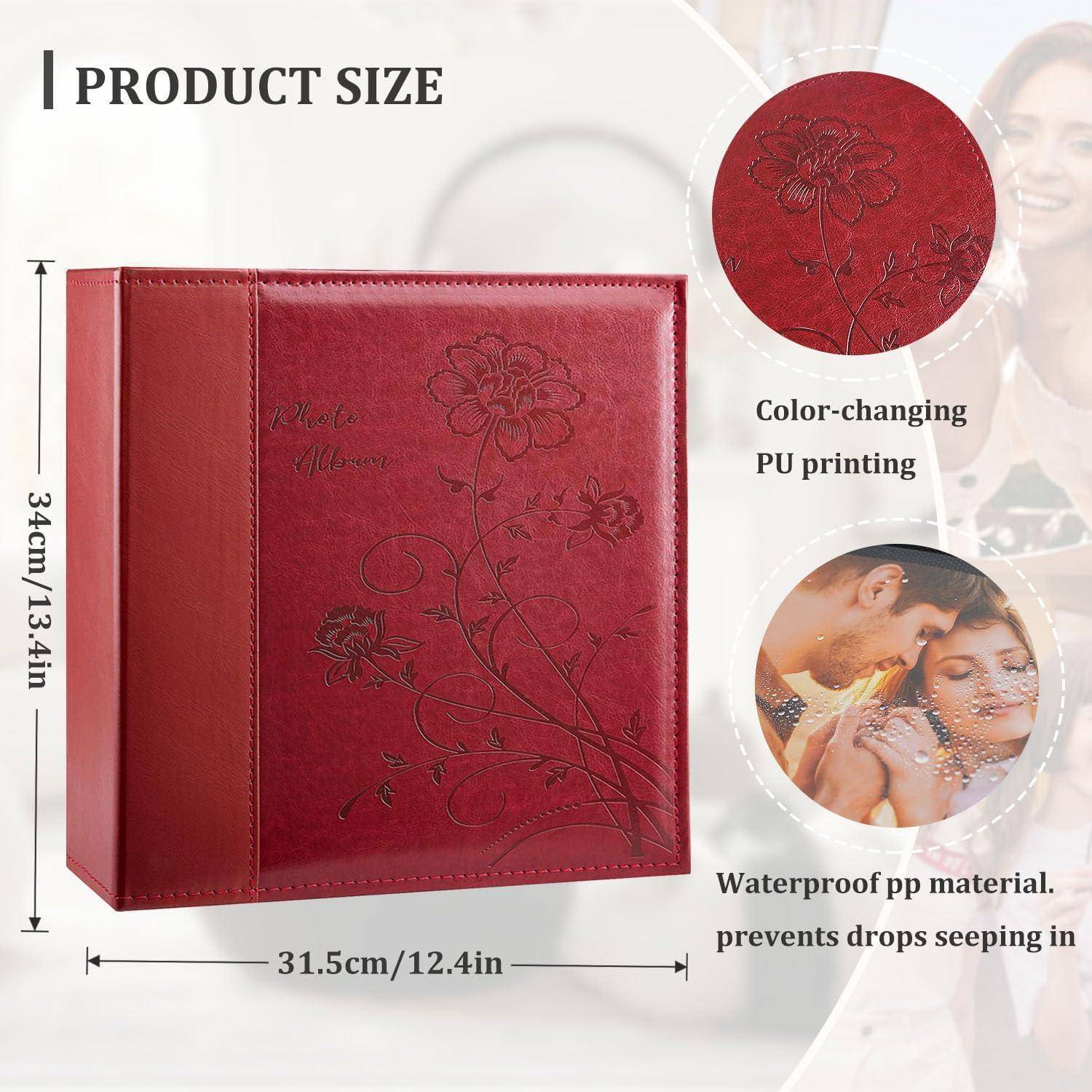 Produktgröße' zeigt einen roten, mit Blumenmuster gestalteten Buchumschlag mit den Abmessungen: 34 cm x 31,5 cm. Zu den Merkmalen gehören farbwechselndes PU- und wasserdichtes PP-Material.