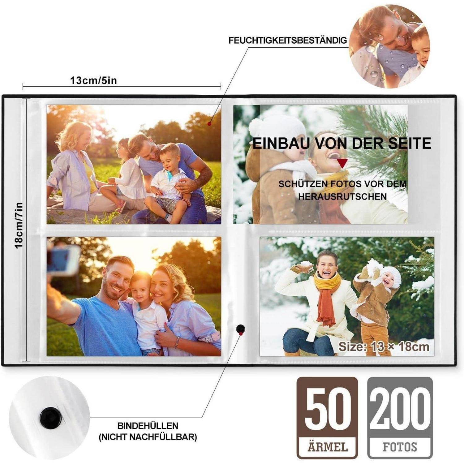 Fotoalbum mit Familienbildern, Abmessungen 13 cm x 5 Zoll und 18 cm x 7 Zoll, Platz für 200 Fotos, inklusive Feuchtigkeitsschutz und seitlichem Schutzsystem.