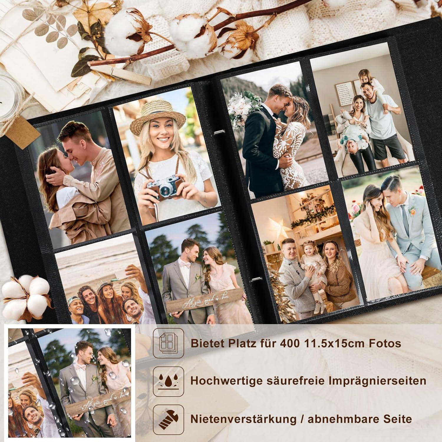 Das Bild zeigt ein geöffnetes Fotoalbum mit mehreren Familienfotos. Der Text im Bild erwähnt Platz für 400 Fotos, säurefreie Seiten und eine robuste Konstruktion.