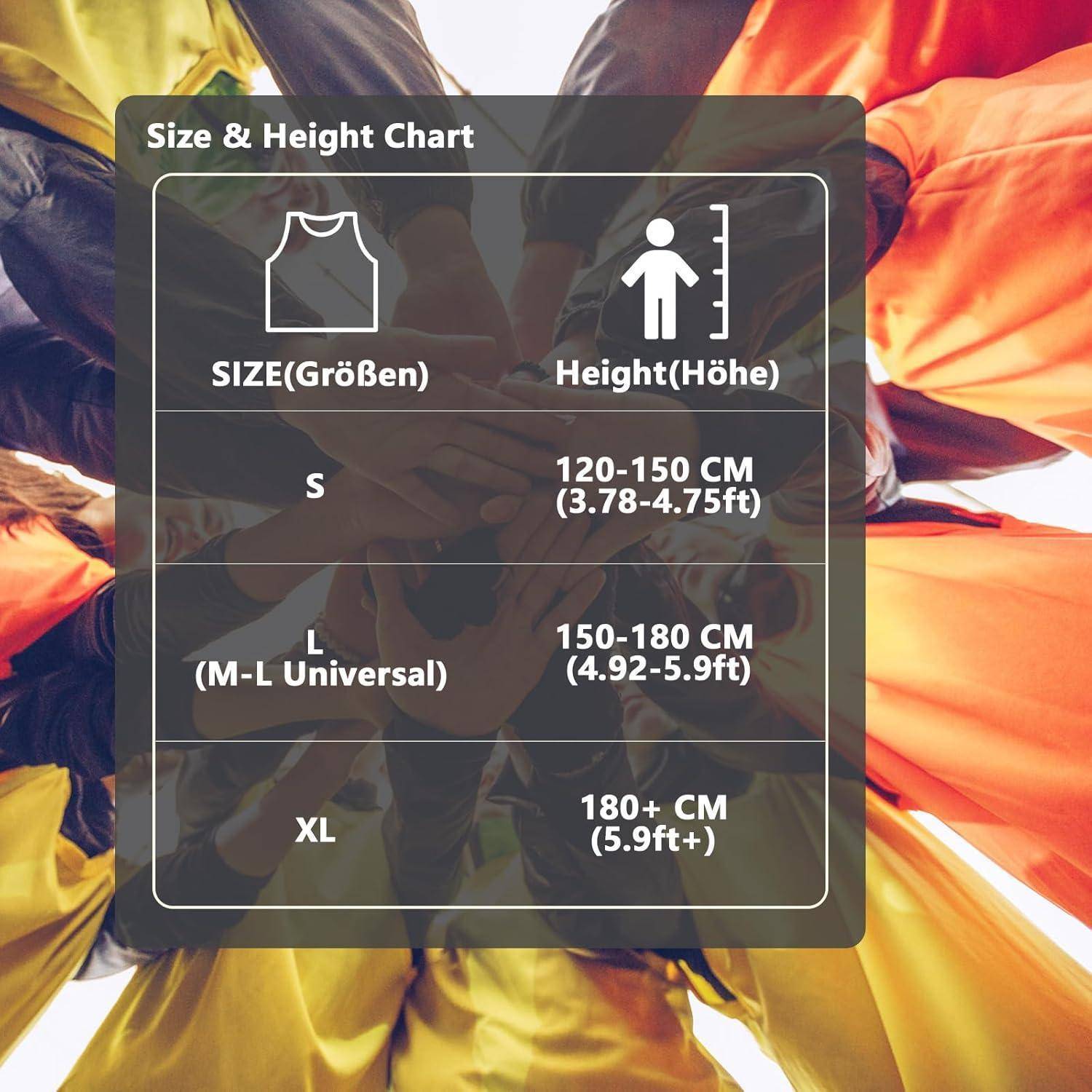 Größen & Höhen-Diagramm' mit Größen S, L, XL, mit Höhenbereichen: S (120-150 CM), L (150-180 CM), XL (180+ CM). Hintergrund mit Fallschirmspringern.