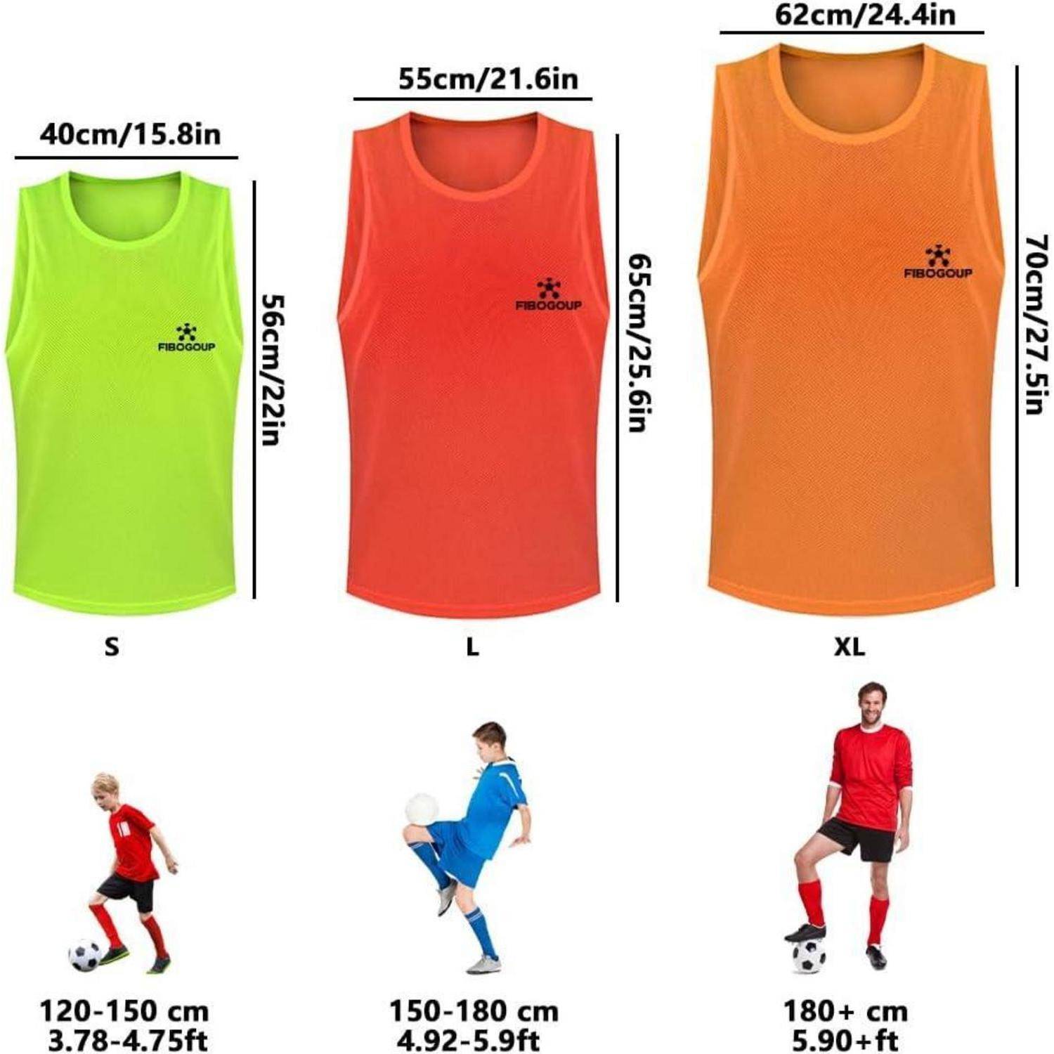 Größenführer für Sportwesten in S, L und XL. Höhen für S: 120-150 cm, L: 150-180 cm, XL: 180+ cm. Bilder zeigen Modelle in verschiedenen Höhen.