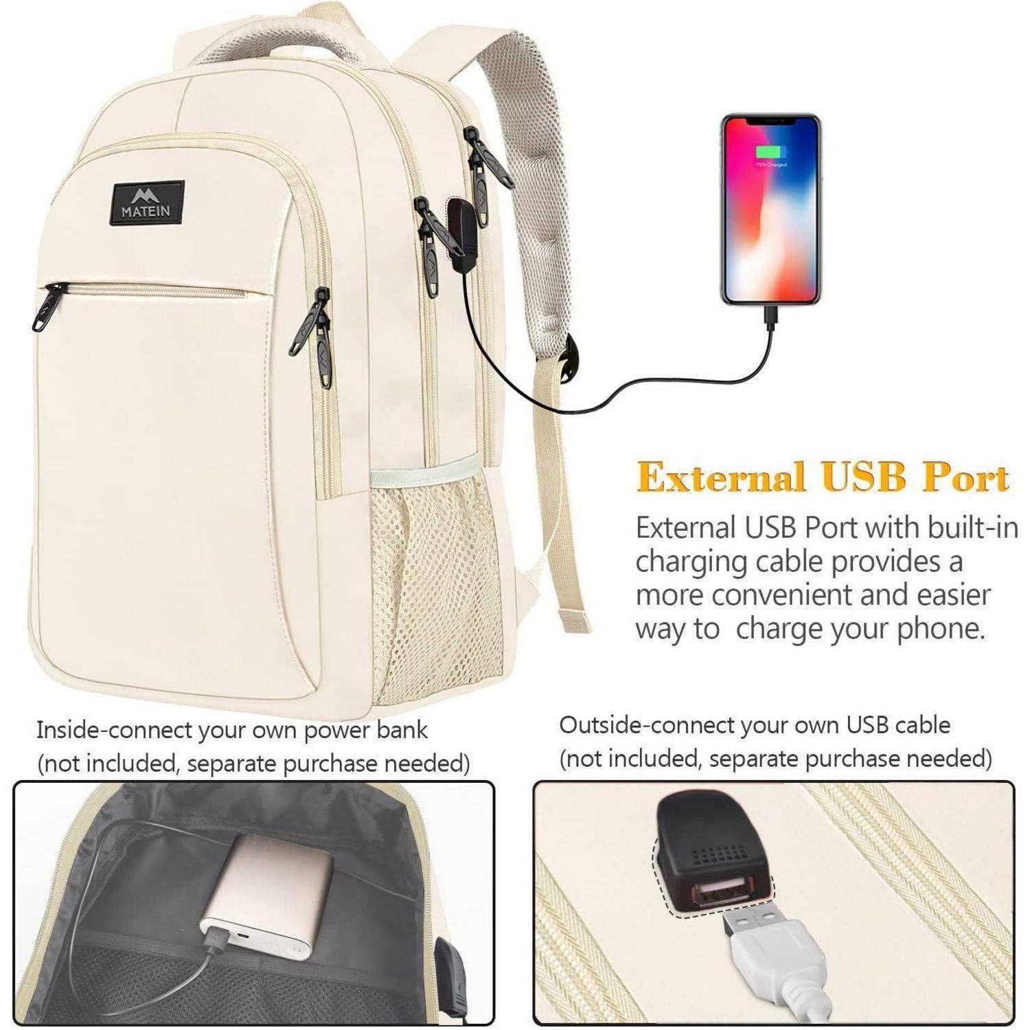 Cremefarbener Rucksack mit USB-Anschluss zum Aufladen von Telefonen. Zu den Funktionen gehören separate Fächer und Kompatibilität mit persönlichen Powerbanks.