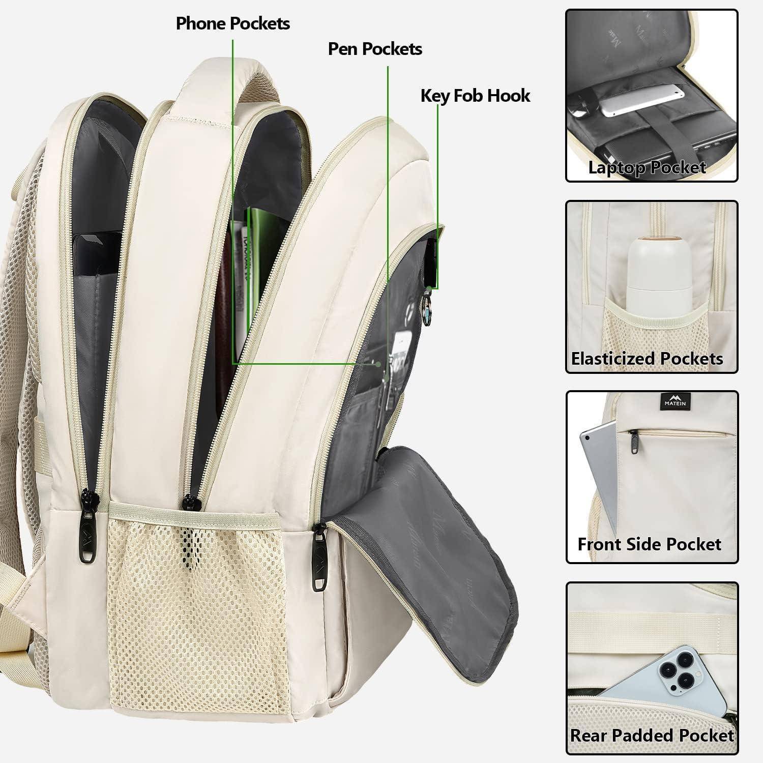 Rucksack mit beschrifteten Funktionen: Stiftetaschen, Schlüsselanhängerhaken, Laptoptasche, elastische Taschen, Vorderseitentasche, gepolsterte Rückentaschen.