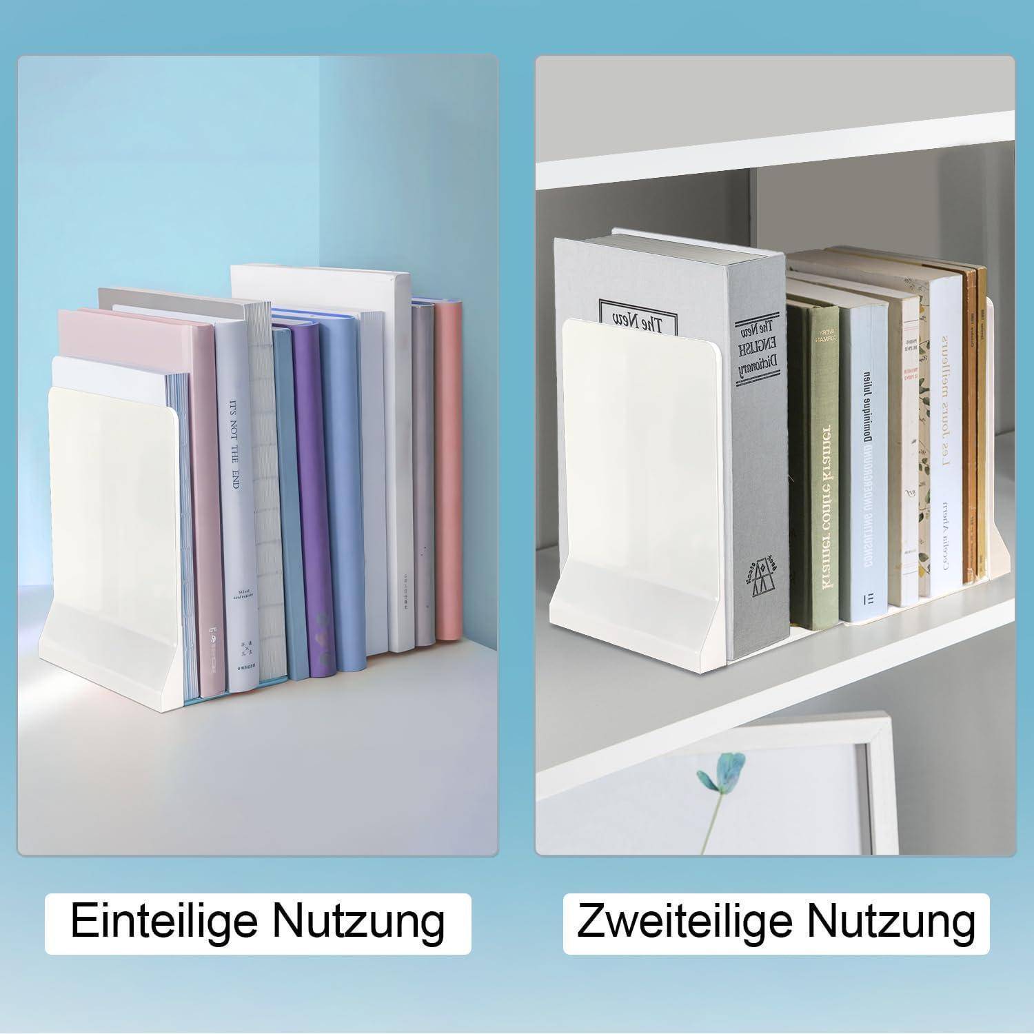 Zwei nebeneinander liegende Bilder zeigen Buchstützen. Links: Bücher, die mit einer einzelnen Buchstütze gehalten werden. Rechts: Bücher, die zwischen zwei Buchstützen gesichert sind.