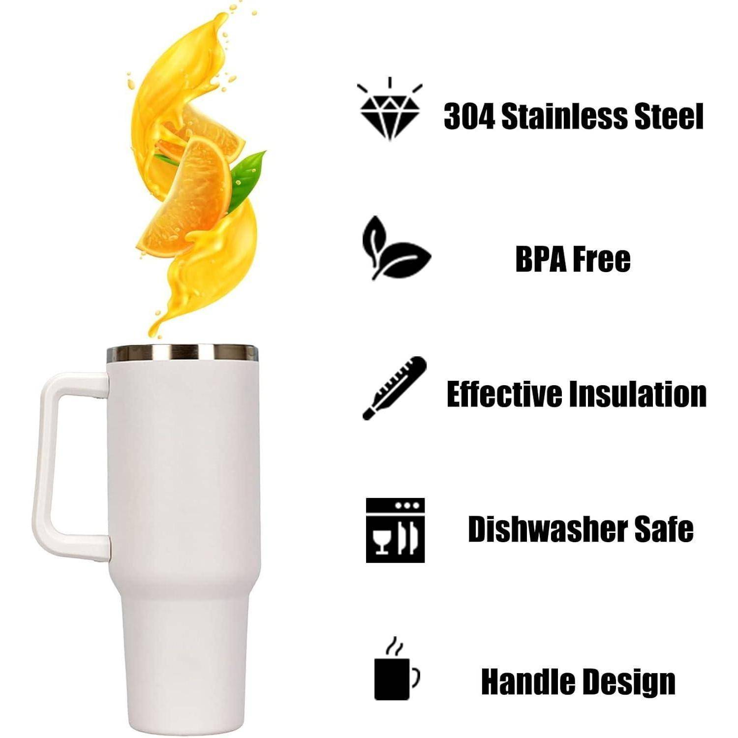 Weiße isolierte Tasse mit Henkel und orangefarbenem Spritzer, die folgende Merkmale hervorhebt: '304 Edelstahl', 'BPA-frei', 'Effektive Isolierung', 'Spülmaschinenfest', 'Henkeldesign'.