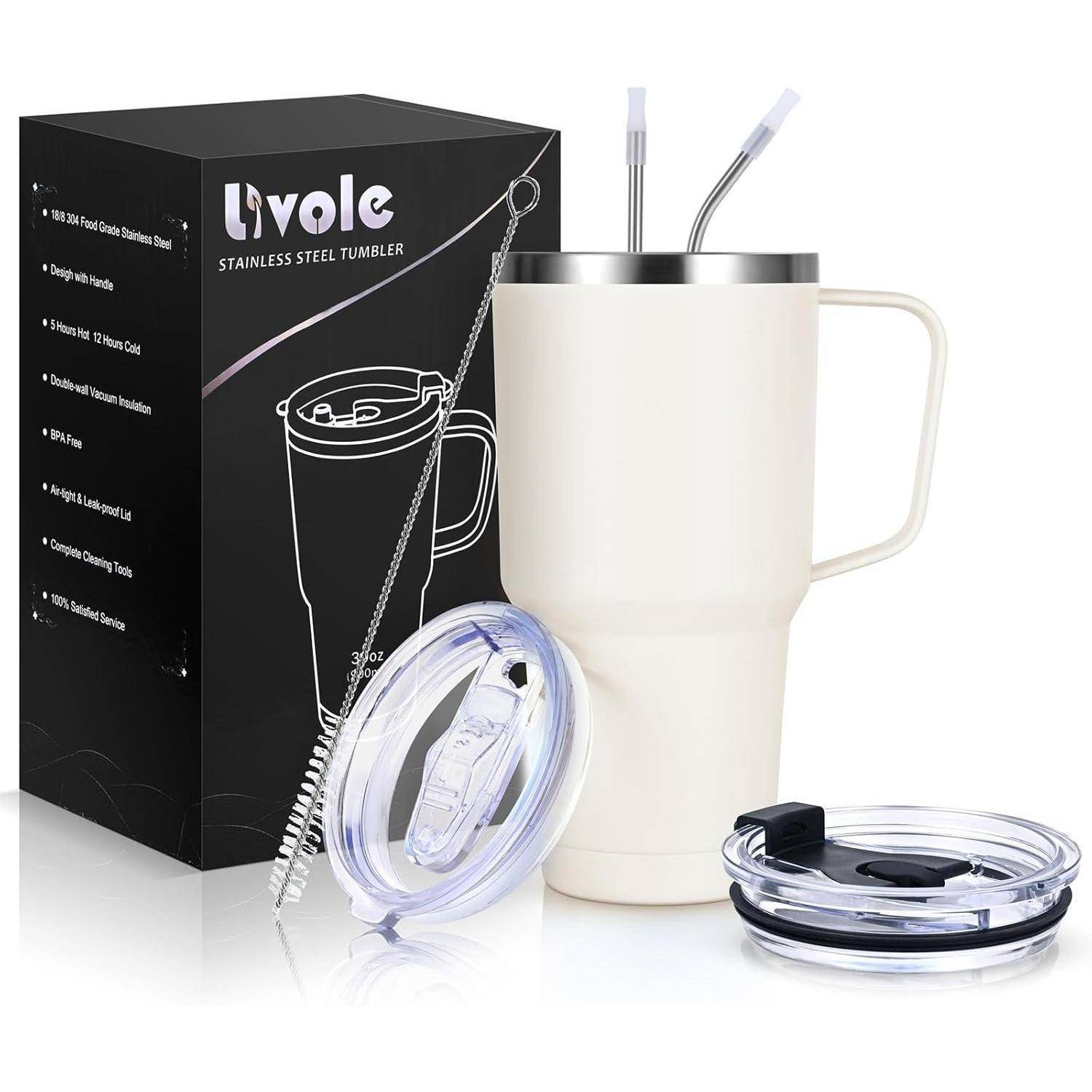 Doppelwandiger Thermobecher 900ml mit Strohhalm und Henkel, Edelstahl