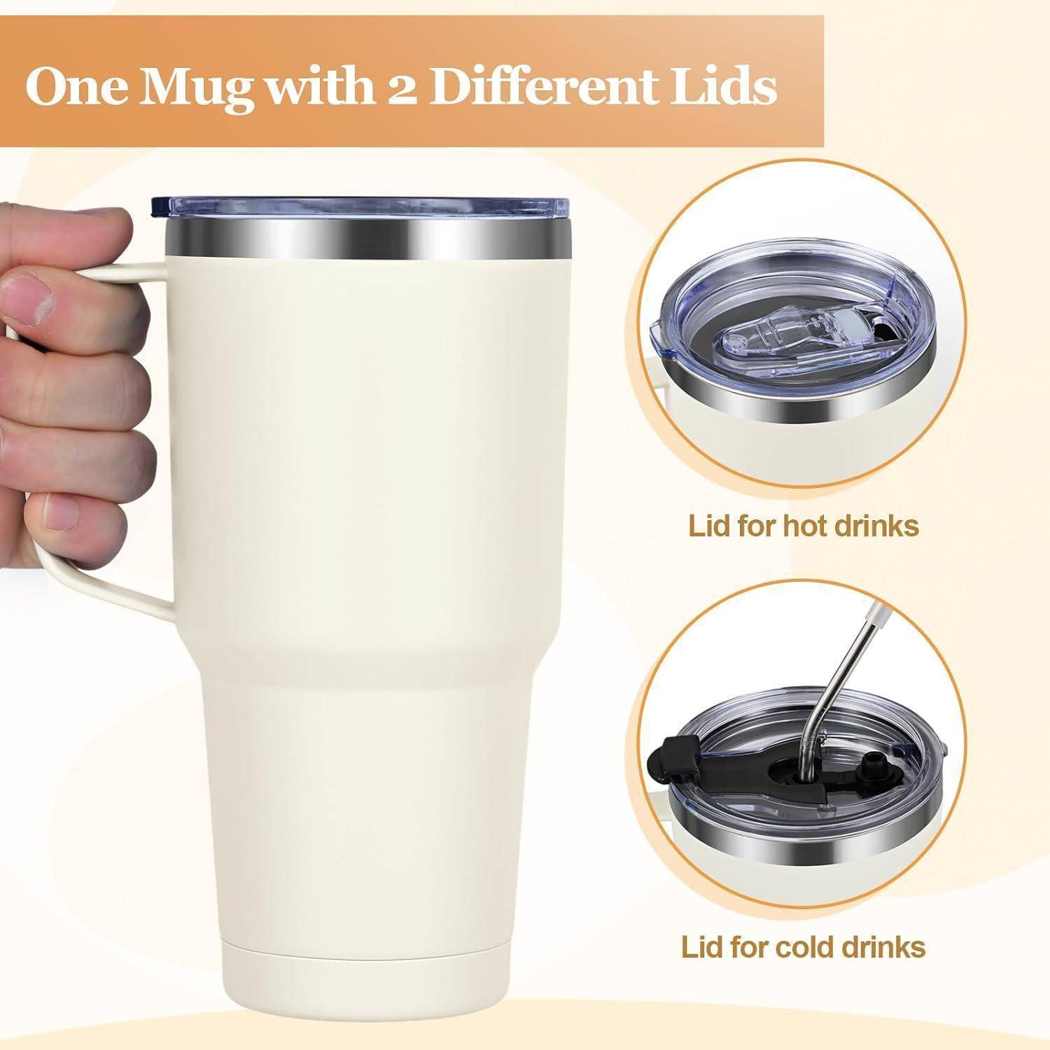 Doppelwandiger Thermobecher 900ml mit Strohhalm und Henkel, Edelstahl
