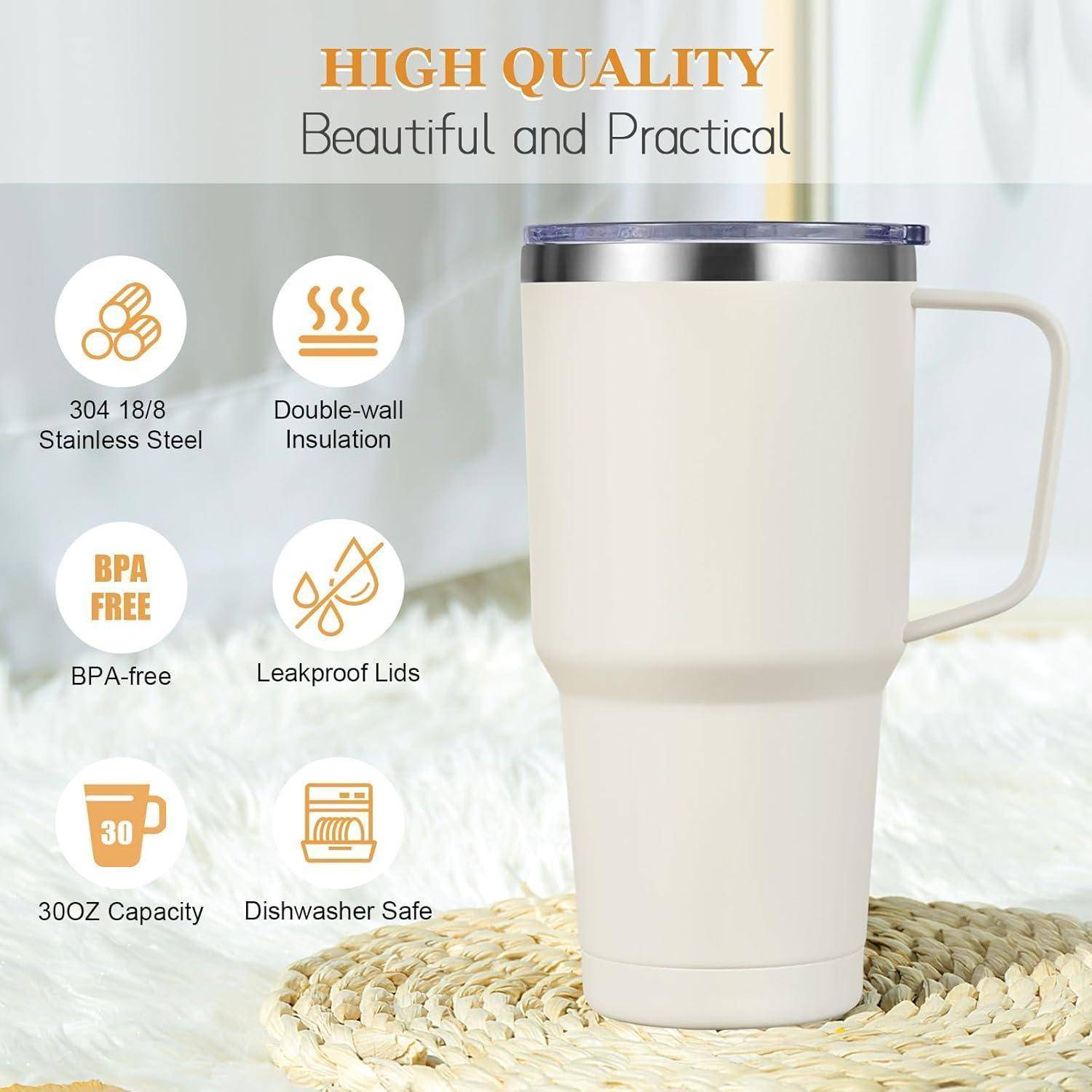 Doppelwandiger Thermobecher 900ml mit Strohhalm und Henkel, Edelstahl