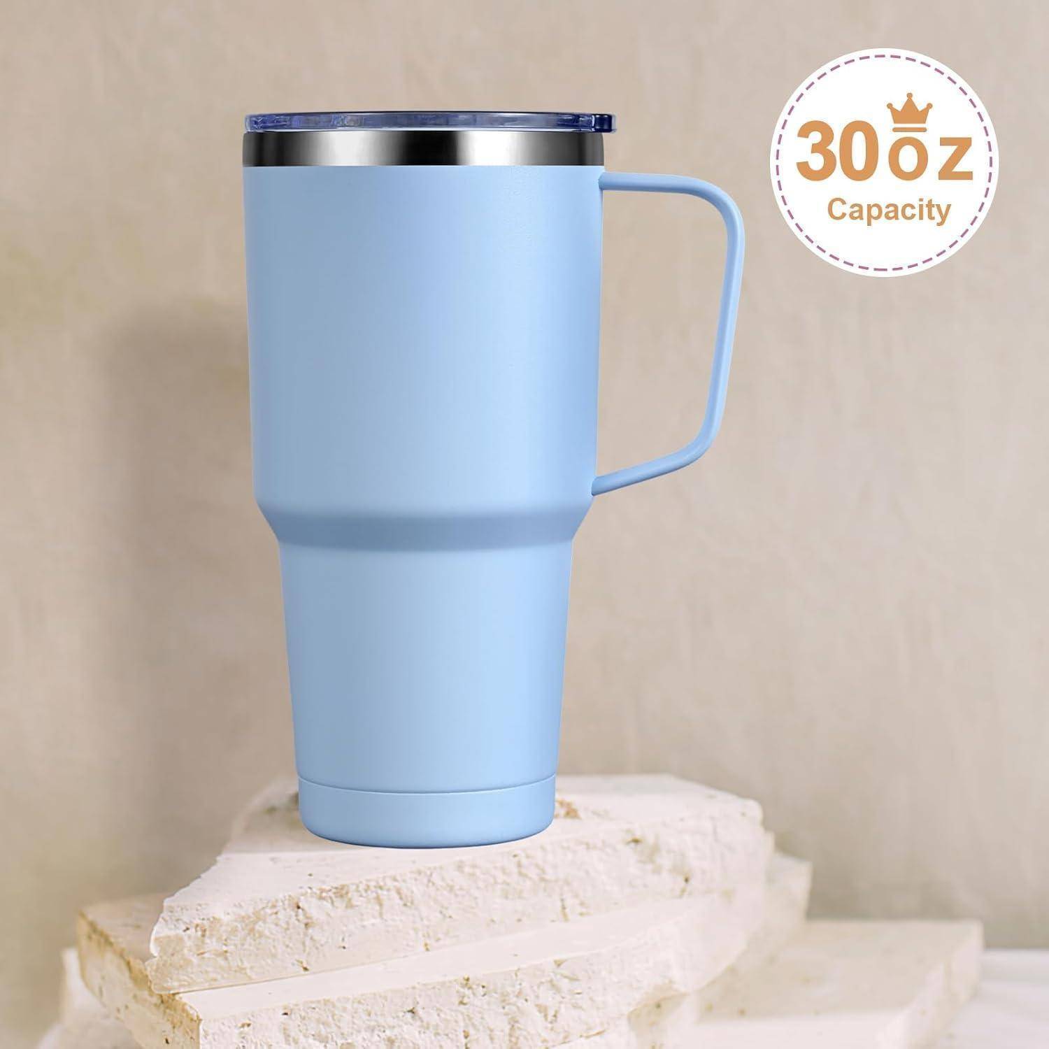 Doppelwandiger Thermobecher 30oz 900ml Hellblau mit Strohhalm, Henkel