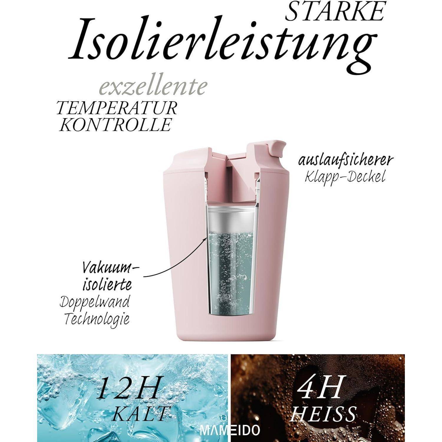 Eine rosa isolierte Flasche, die eine ‚starke Isolierleistung' und ‚exzellente Temperaturkontrolle' demonstriert, mit Vakuumtechnologie für 12h Kälte und 4h Wärme.