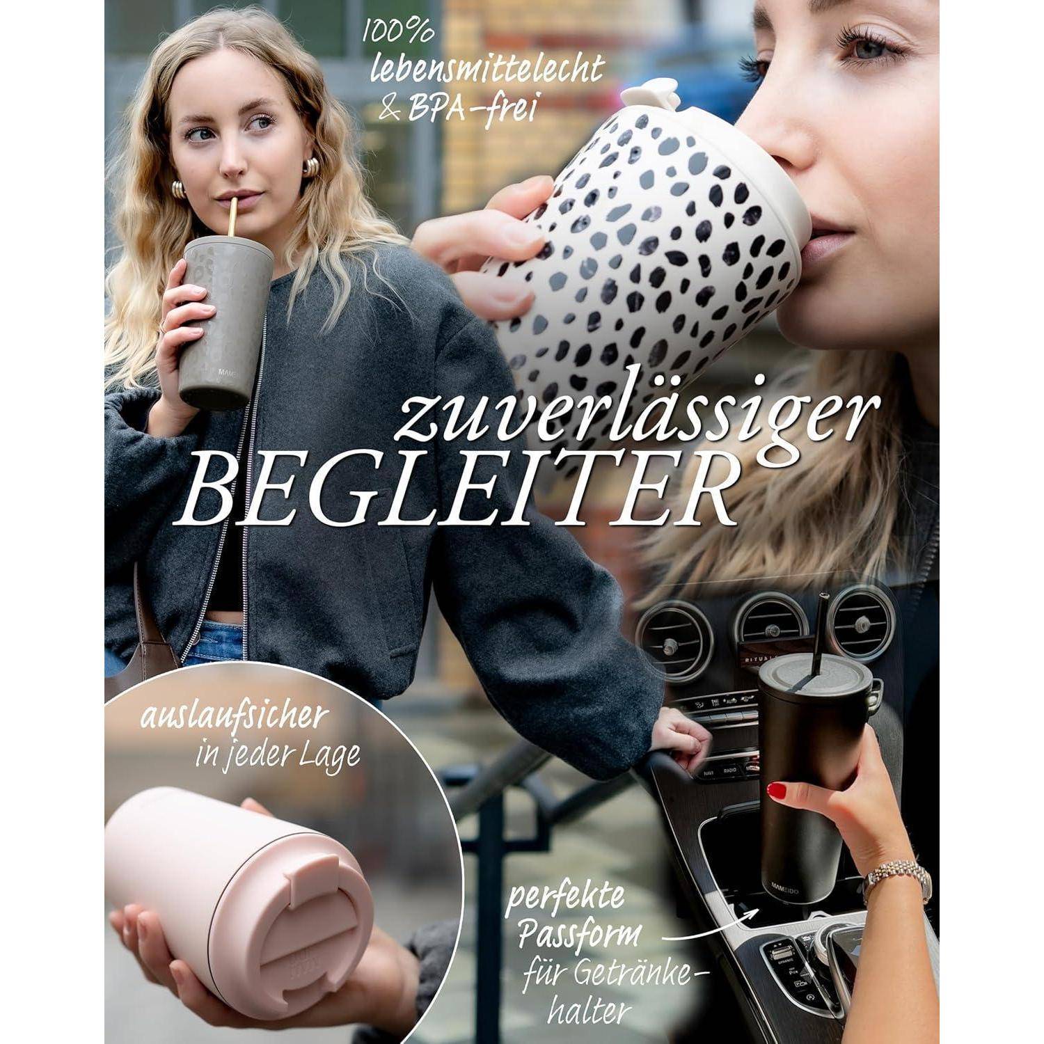 Eine Collage, die eine Frau zeigt, die aus einem getupften Becher trinkt, mit deutschem Text, der ihn als zuverlässigen Begleiter hervorhebt, lebensmittelecht und BPA-frei.