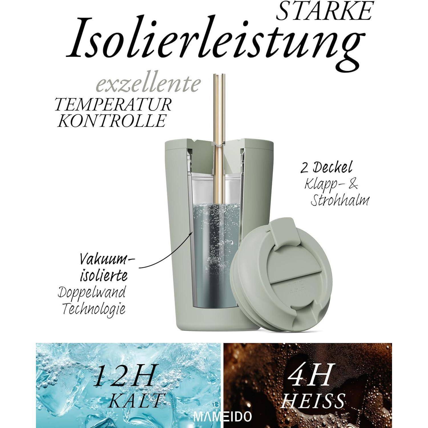 Isolierbecher mit deutscher Beschriftung, der eine starke Isolierung und hervorragende Temperaturkontrolle hervorhebt. Ausgestattet mit zwei Deckeln und Vakuumtechnologie.