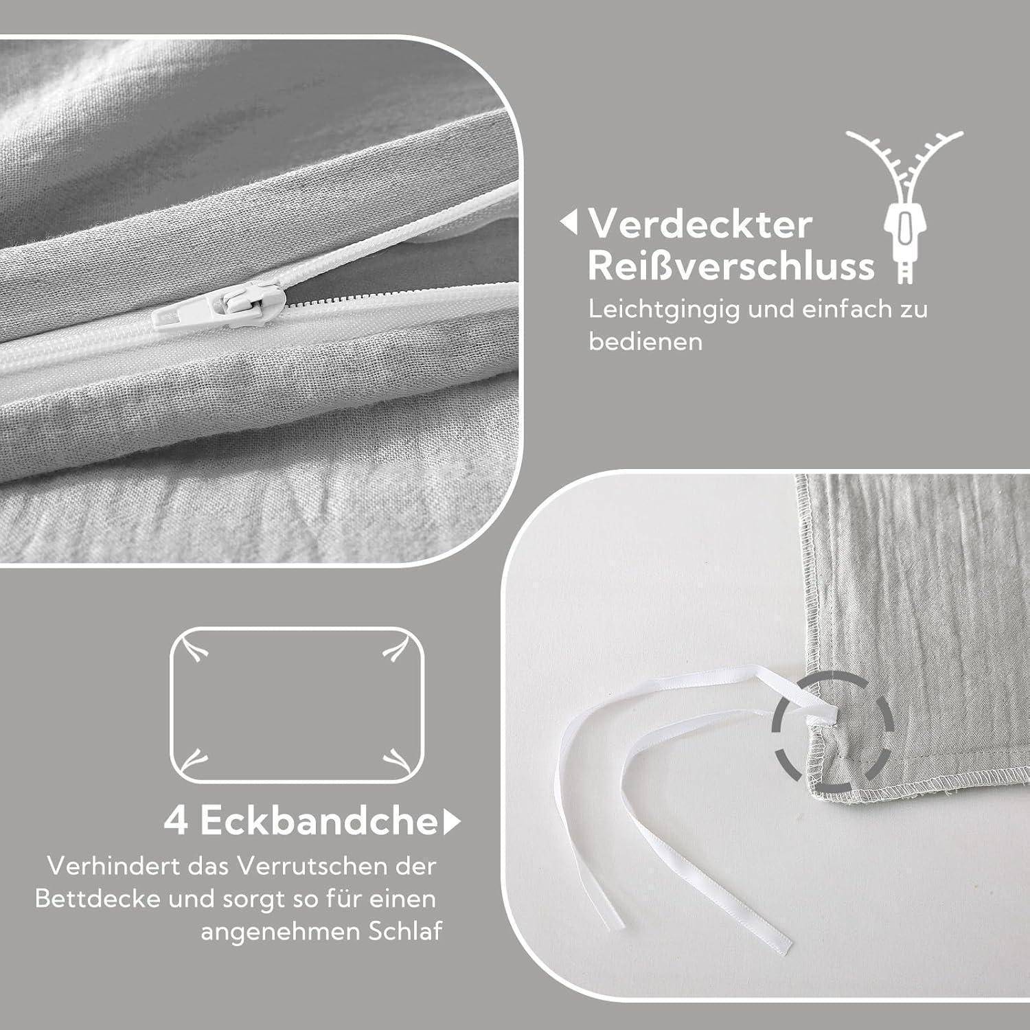 Nahaufnahme eines verdeckten Reißverschlusses auf Bettwäsche mit Text, der seine Haltbarkeit und einfache Handhabung beschreibt. Zusätzliches Bild von vier Eckenhalterungen, um Verrutschen zu verhindern und für einen bequemen Schlaf zu sorgen.