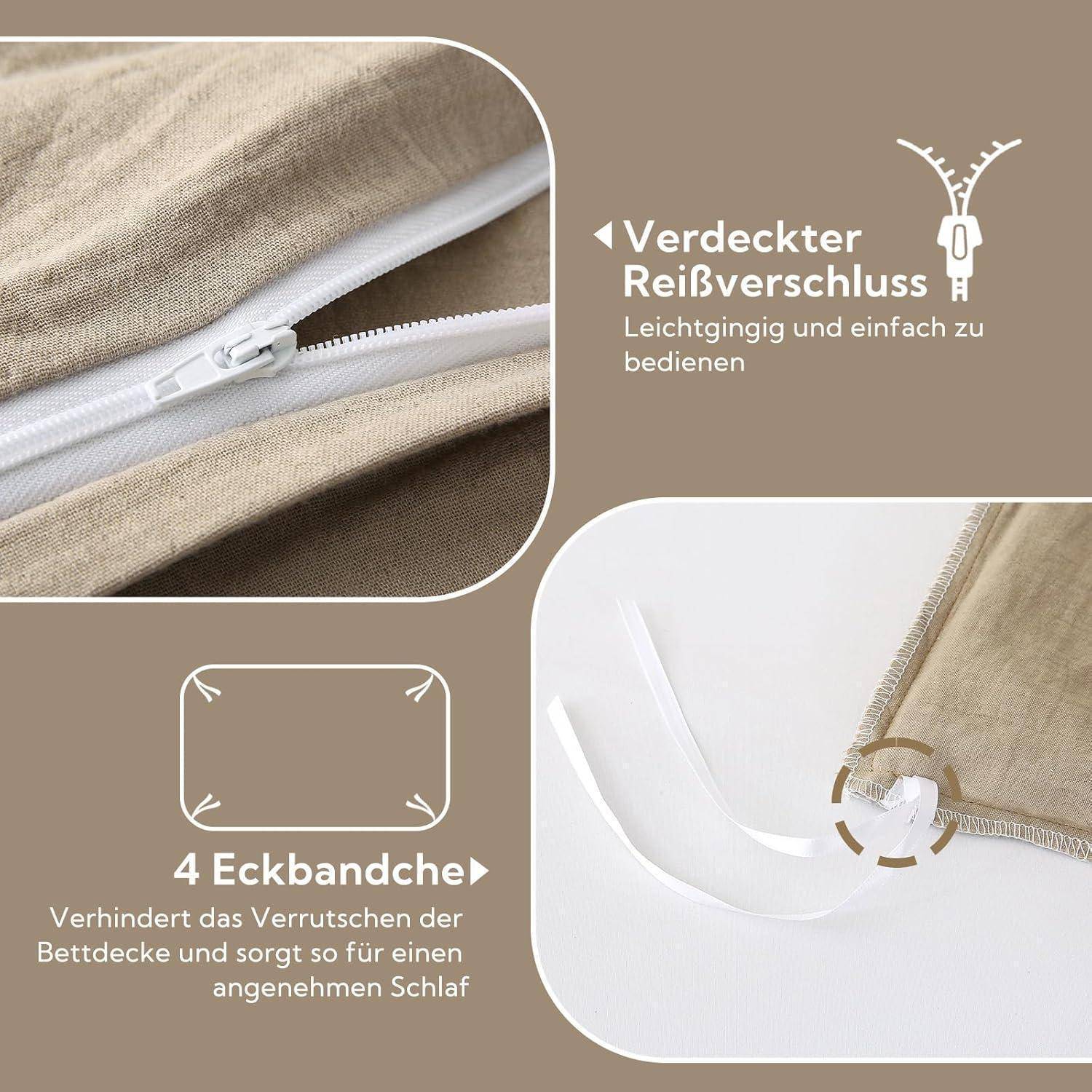 Eine beige Reißverschluss-Stoff-Nahaufnahme zeigt ein robustes Reißverschlussdesign mit 'Verdeckter Reißverschluss' und Eckriemen, die mit '4 Eckbändchen' gekennzeichnet sind.