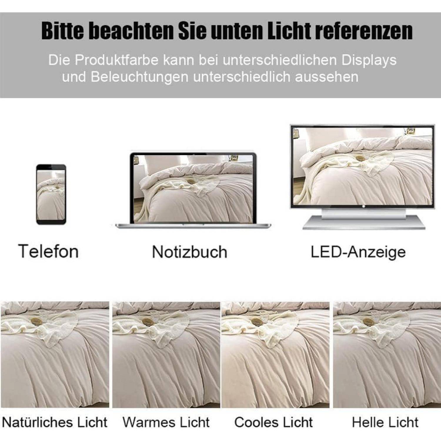 Bitte beachten Sie unten Licht referenzen' Bild zeigt Farbvariationen eines Produkts unter verschiedenen Beleuchtungen, mit Beispielen auf Telefon, Notizbuch und LED-Display. Es stellt natürliche, warme, kühle und helle Lichteffekte dar.