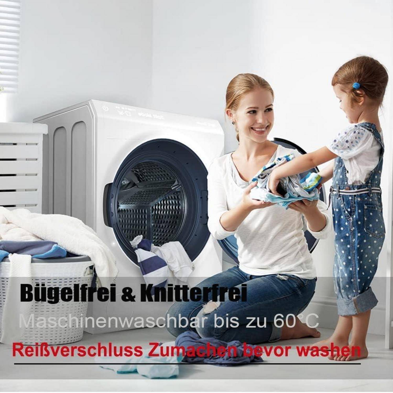 Eine Frau hilft einem Kind beim Ankleiden neben einer Waschmaschine. Der Text auf Deutsch gibt Ratschläge zum Waschen bei 60°C und zum Schließen von Reißverschlüssen vor dem Waschen.