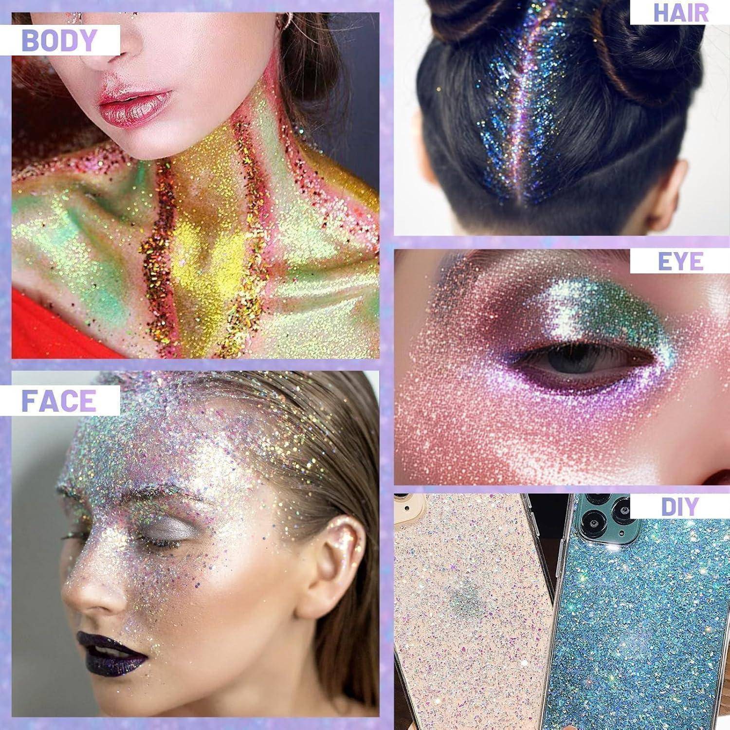 Eine Collage präsentiert Glitzer-Make-up: 1) bunter Glitzer am Hals und auf der Brust; 2) glitzernder Haaransatz; 3) Glitzer-Augen-Make-up; 4) glitzerndes Gesicht; 5) Glitzer-Handyhüllen.