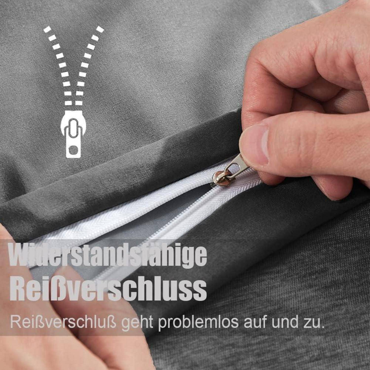 Eine Hand schließt ein graues Textilkleidungsstück und zeigt dabei einen widerstandsfähigen Reißverschluss mit Text, der auf eine einfache Handhabung hindeutet.