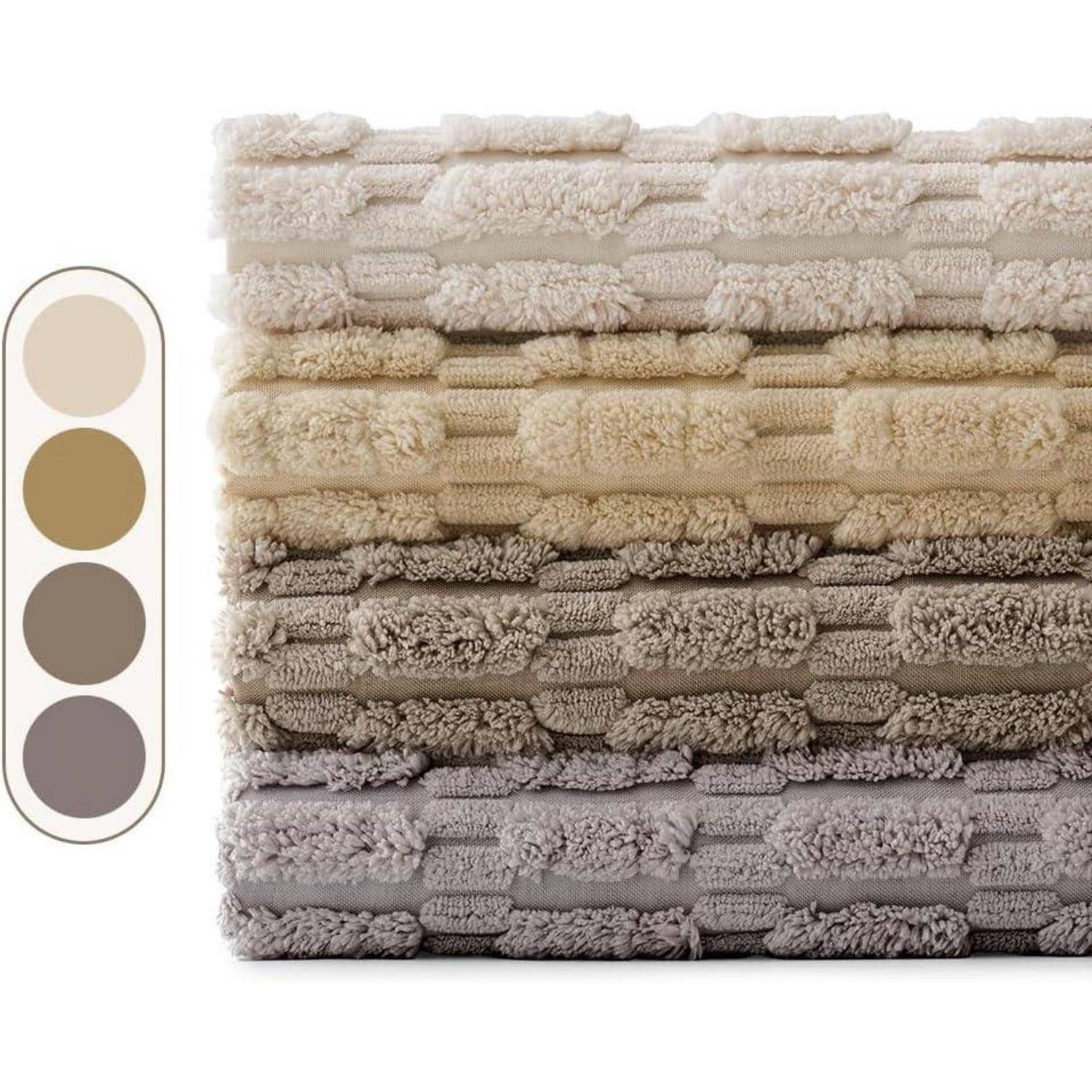 Stapel von vier strukturierten Handtüchern in Beige- und Grautönen, mit einer Farbpalette links, die die entsprechenden Nuancen zeigt.