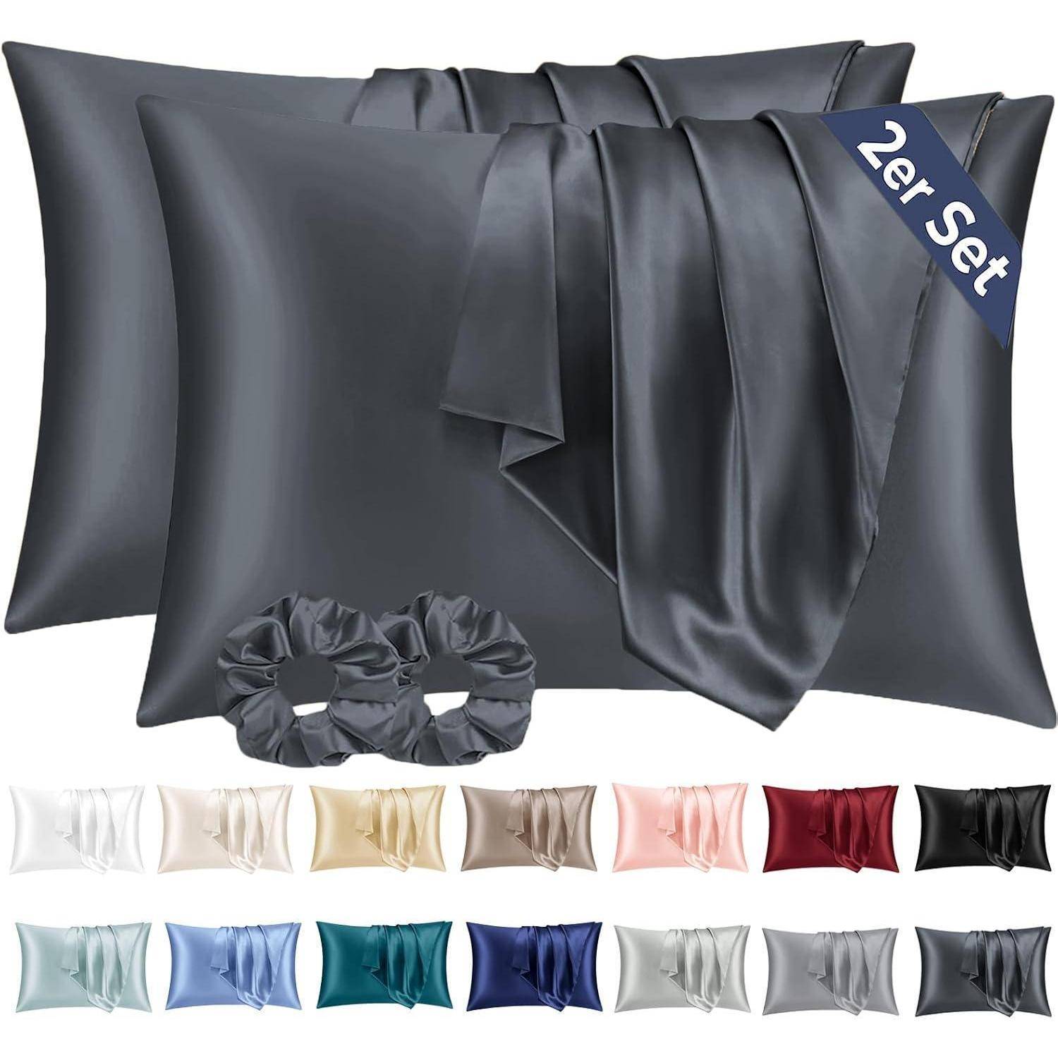 Satin Kissenbezug 2er Set 50x80 Dunkelgrau Haargummis inklusive