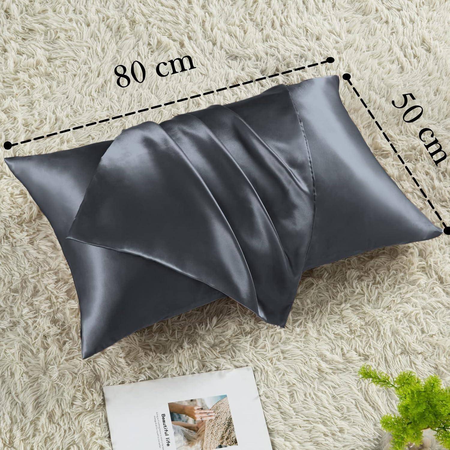 Satin Kissenbezug 2er Set 50x80 Dunkelgrau Haargummis inklusive
