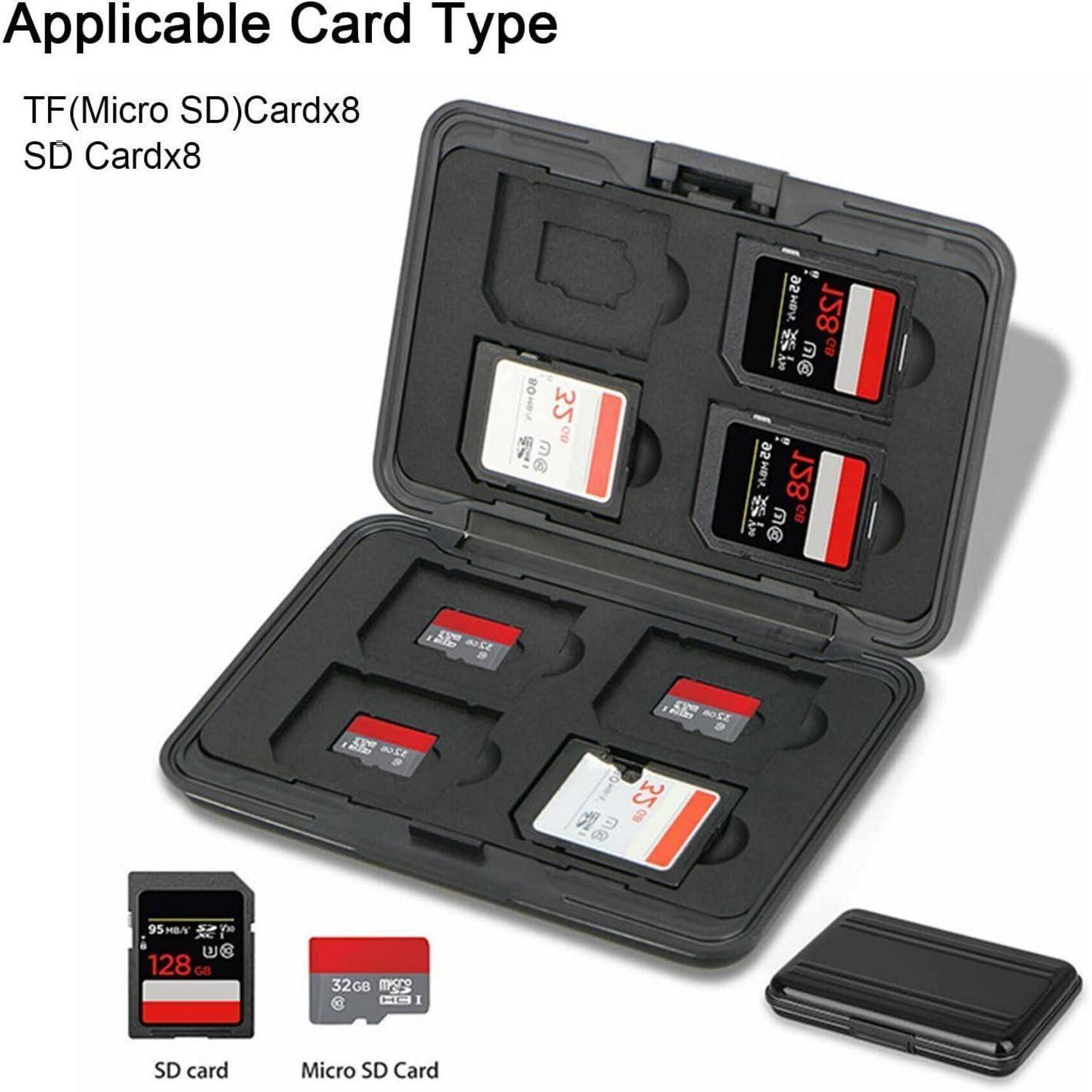 Robustes Etui geöffnet mit Steckplätzen für TF (Micro SD) und SD-Karten, das vier Karten enthält. Text lautet: 'Geeignete Kartentypen: TF(Micro SD)Karte x8, SD-Karte x8'.