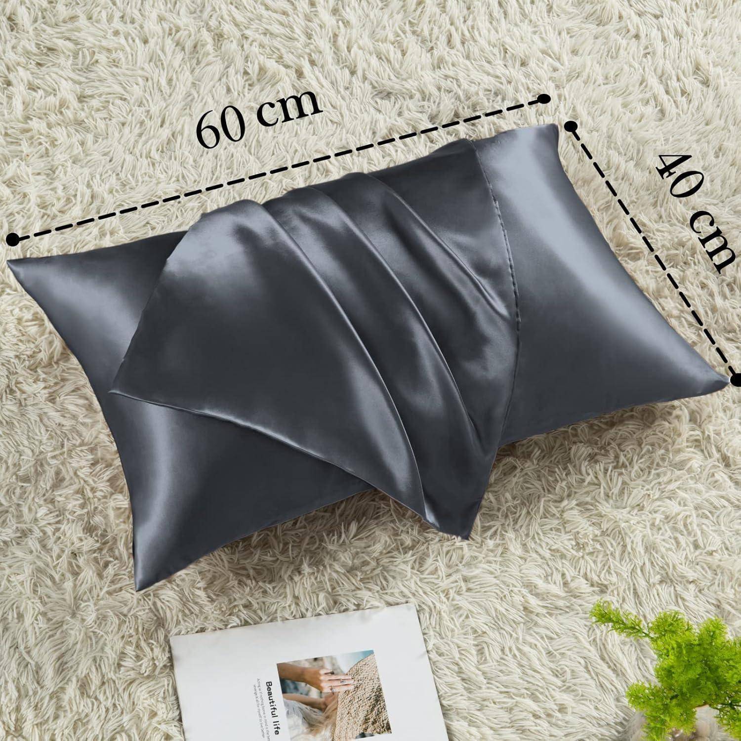Satin Kissenbezüge 40x60 Dunkelgrau 2er Set mit Haargummis