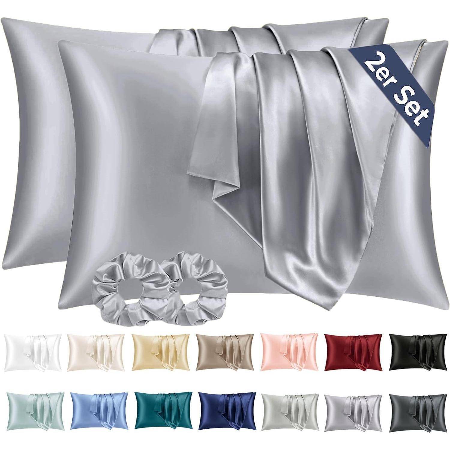 Satin Kissenbezug Set 50x80 Grau mit Haargummis - Pflege für Haar und